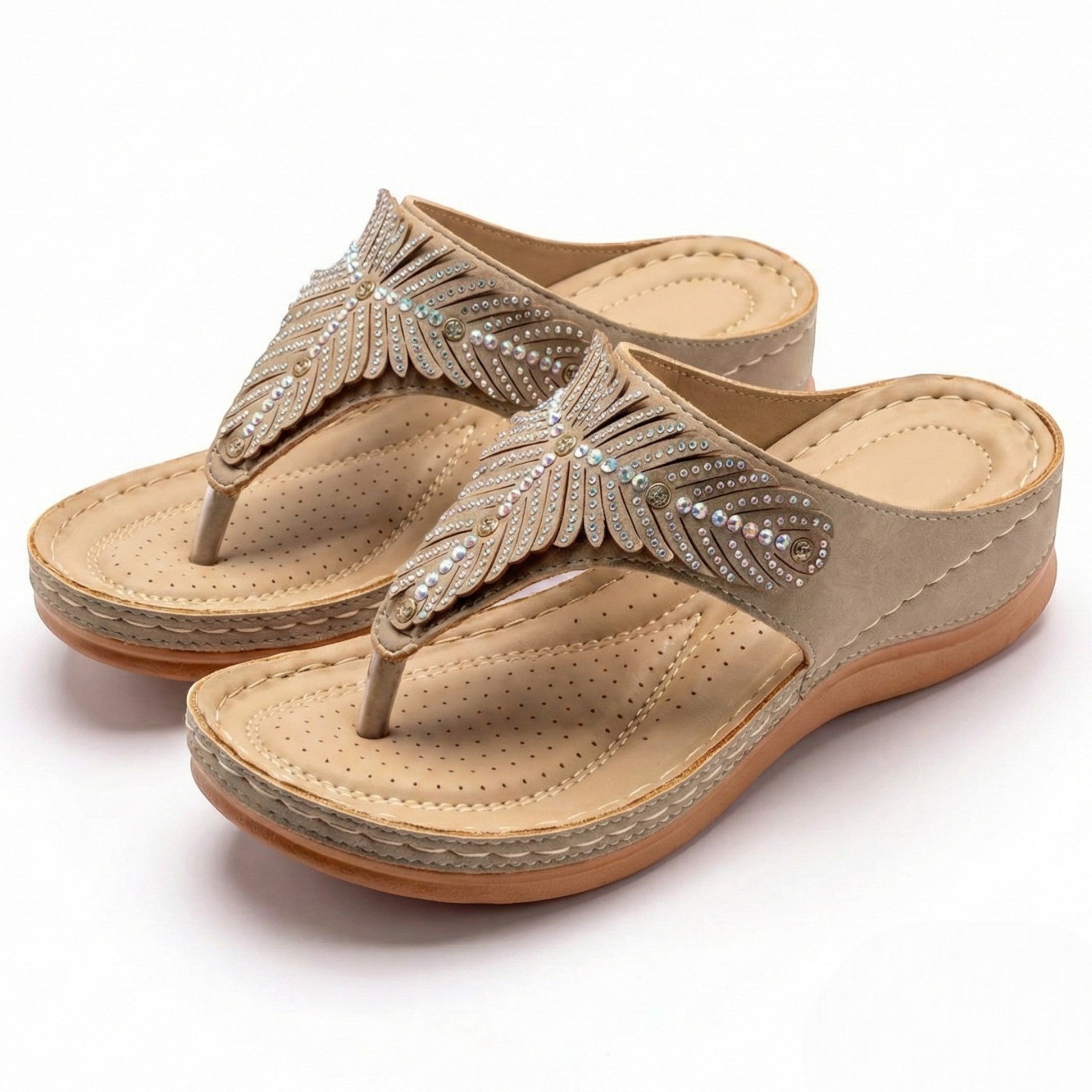 Chloe - Women's Beaded Wedge Sandals - Sandals - Beige - Parker&Brooks