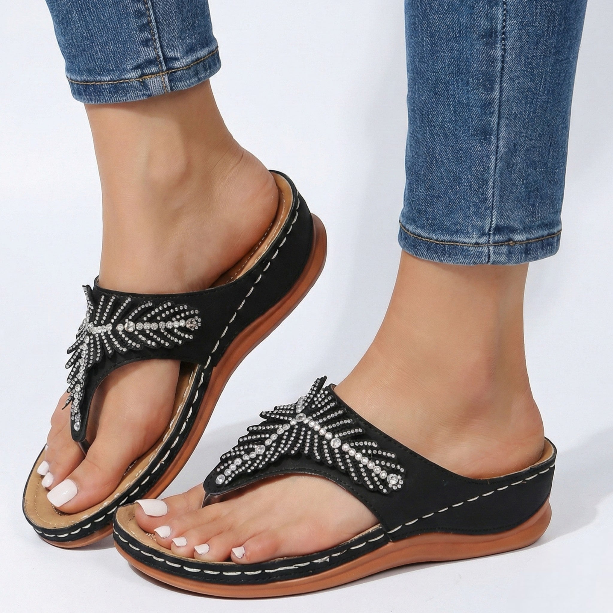 Chloe - Women's Beaded Wedge Sandals - Sandals - Black - Parker&Brooks