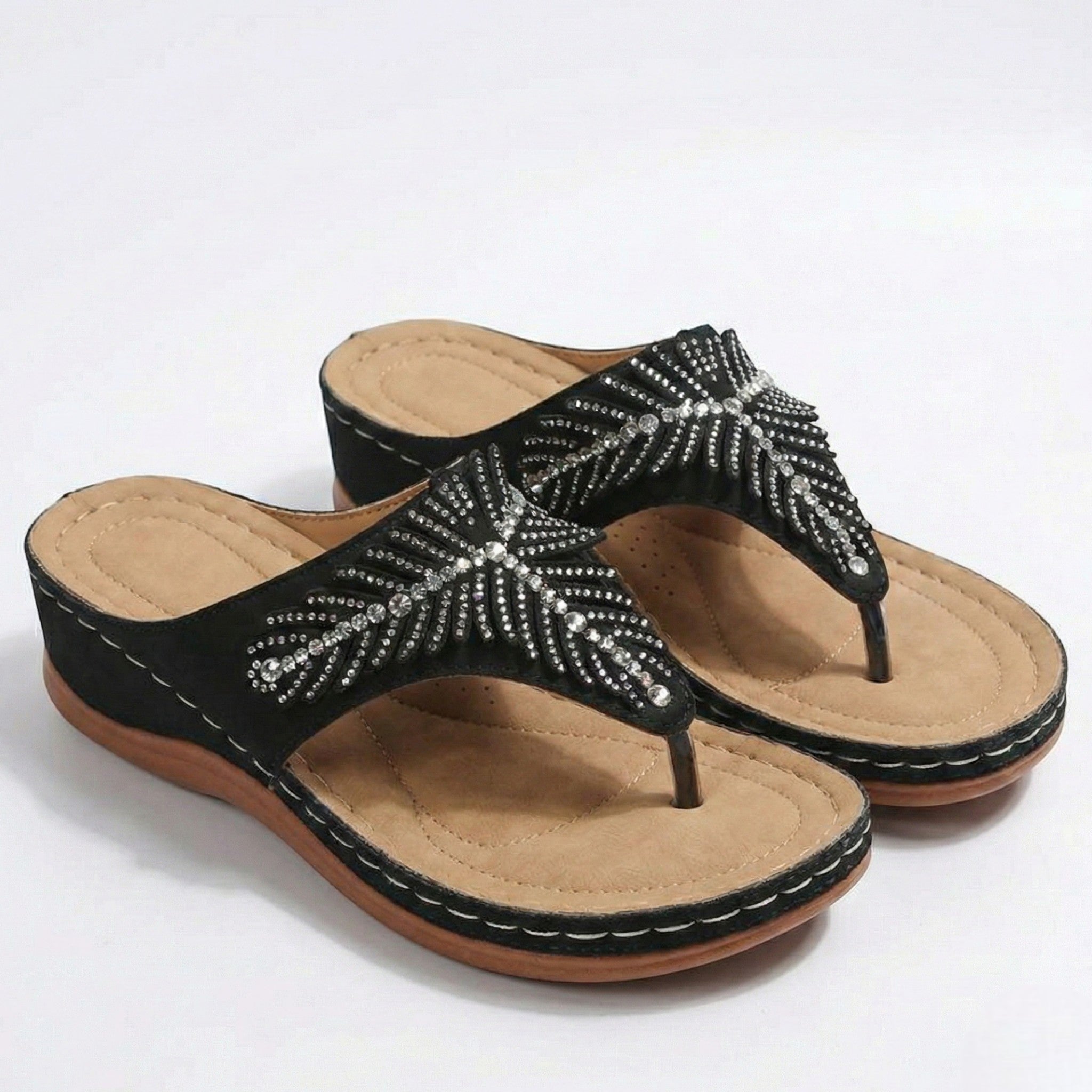 Chloe - Women's Beaded Wedge Sandals - Sandals - Black - Parker&Brooks