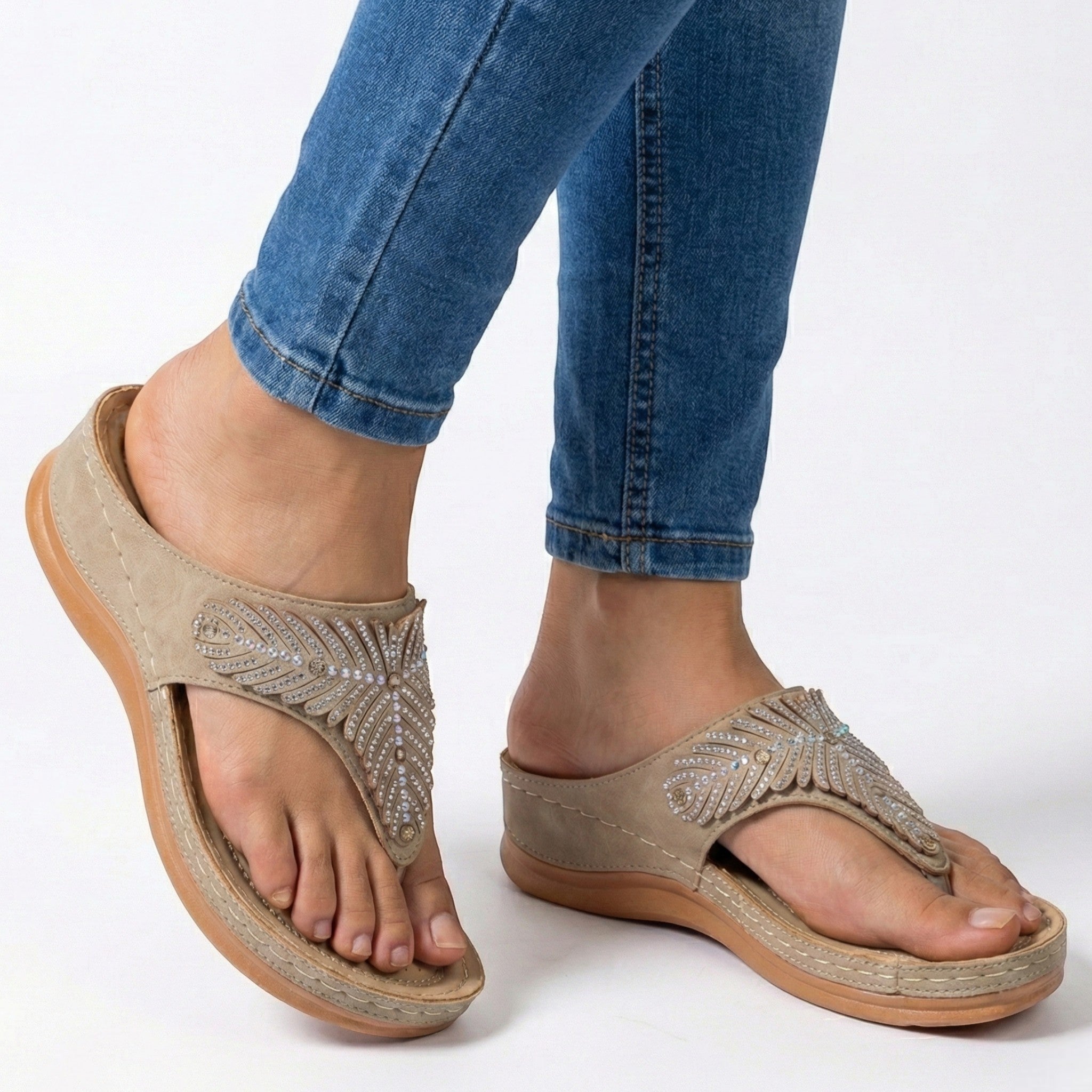 Chloe - Women's Beaded Wedge Sandals - Sandals - Beige - Parker&Brooks