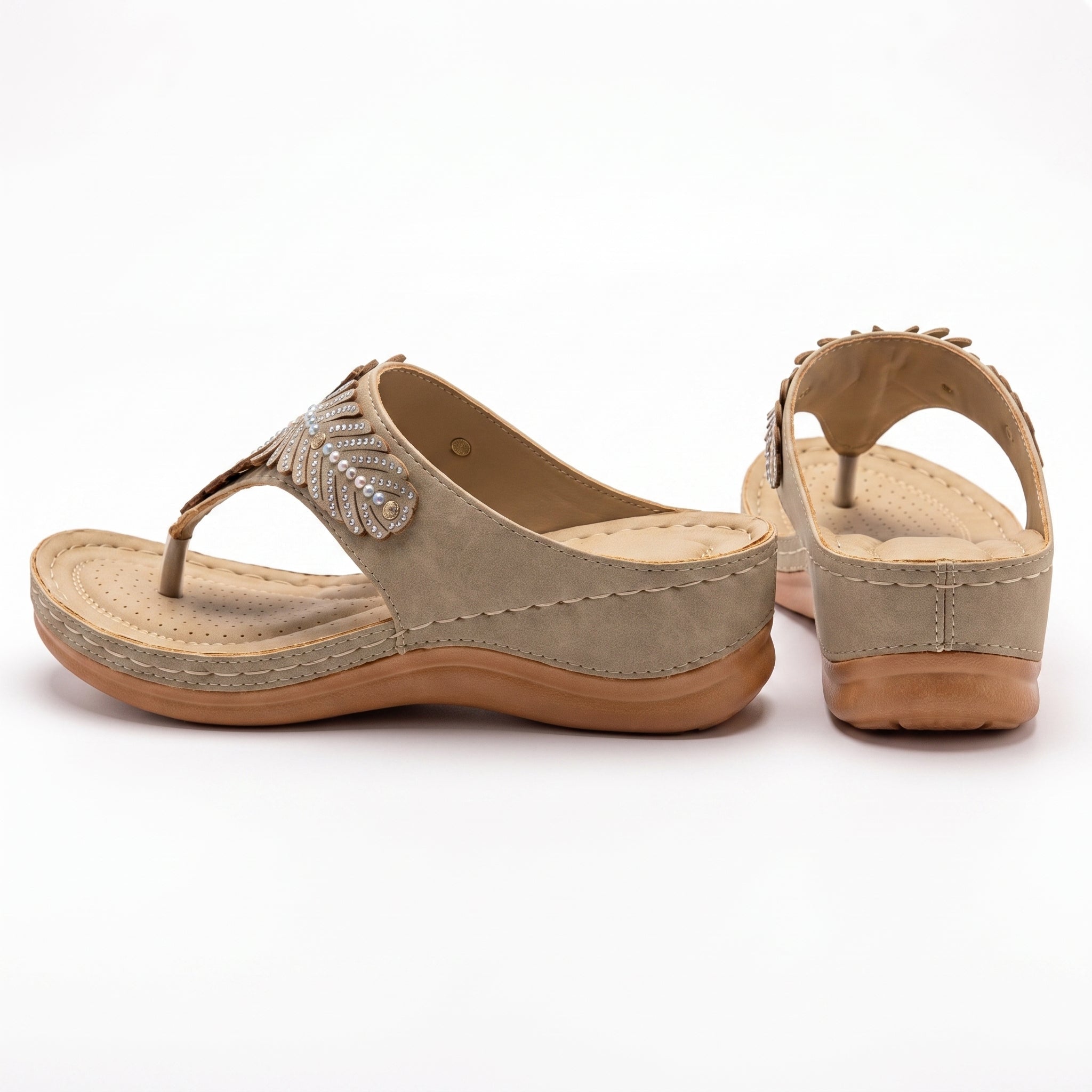Chloe - Women's Beaded Wedge Sandals - Sandals - Beige - Parker&Brooks
