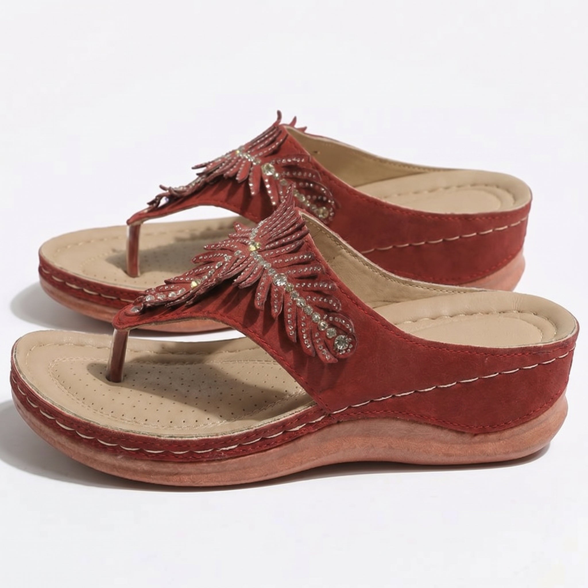Chloe - Women's Beaded Wedge Sandals - Sandals - Red - Parker&Brooks