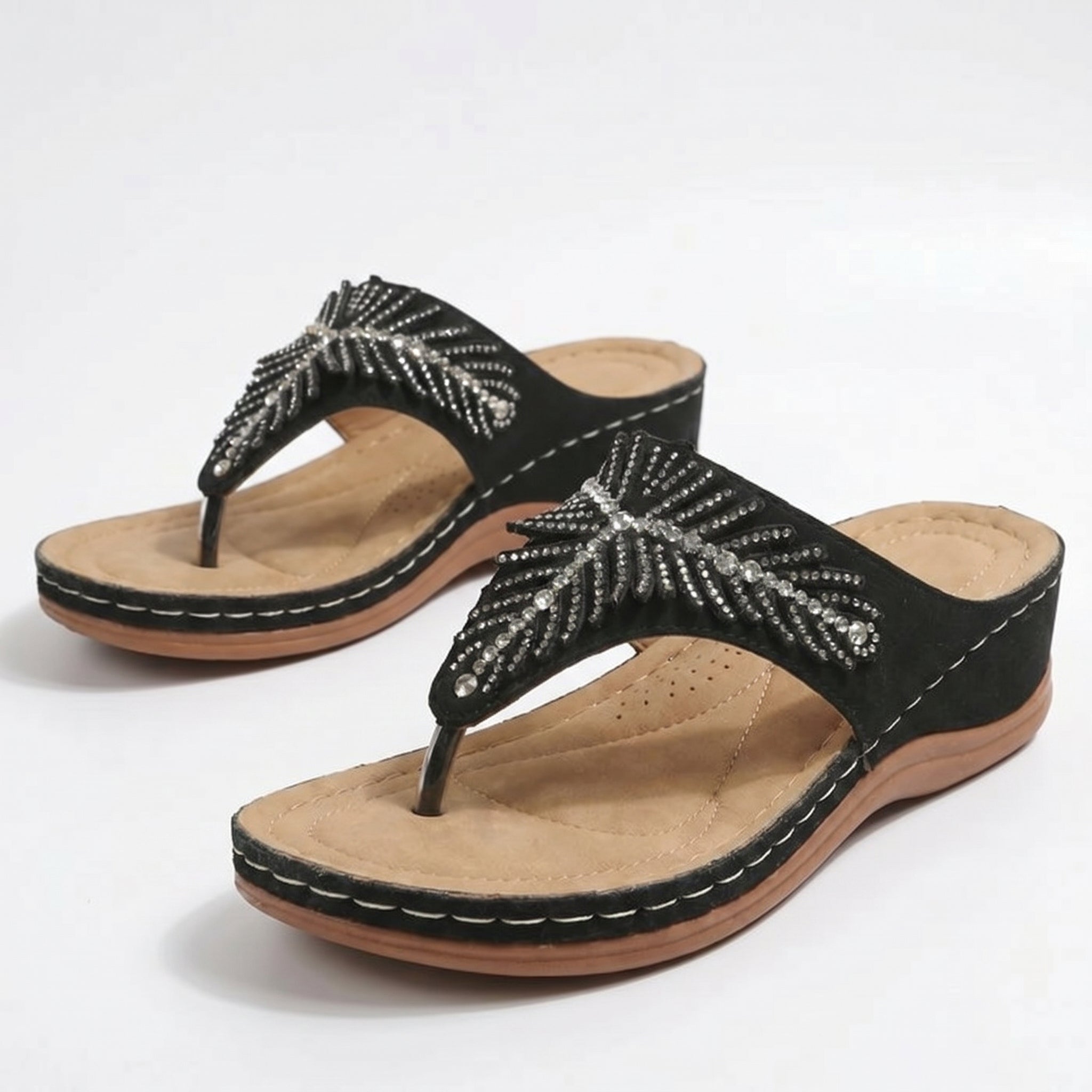 Chloe - Women's Beaded Wedge Sandals - Sandals - Black - Parker&Brooks