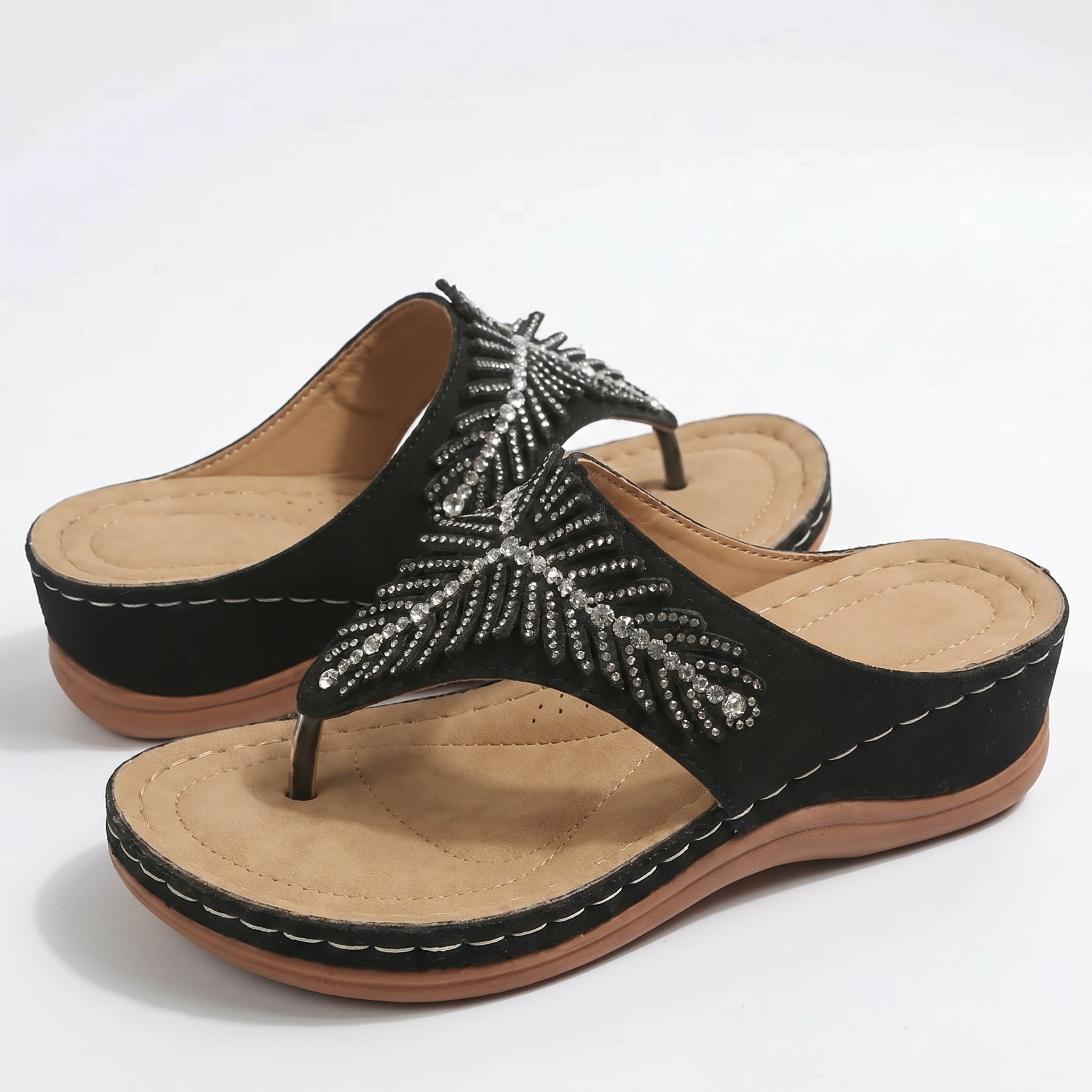 Chloe - Women's Beaded Wedge Sandals - Sandals - Black - Parker&Brooks