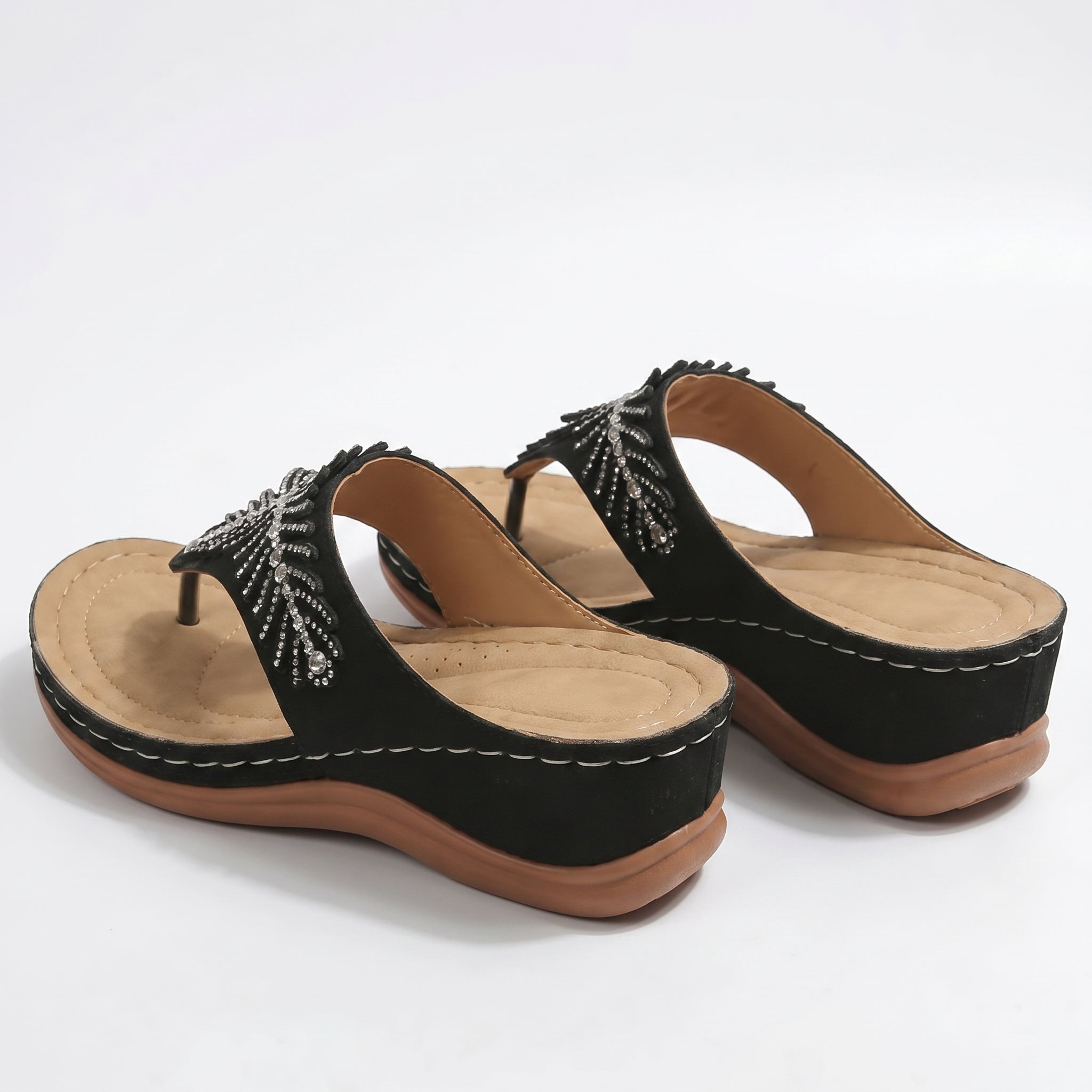 Chloe - Women's Beaded Wedge Sandals - Sandals - Black - Parker&Brooks