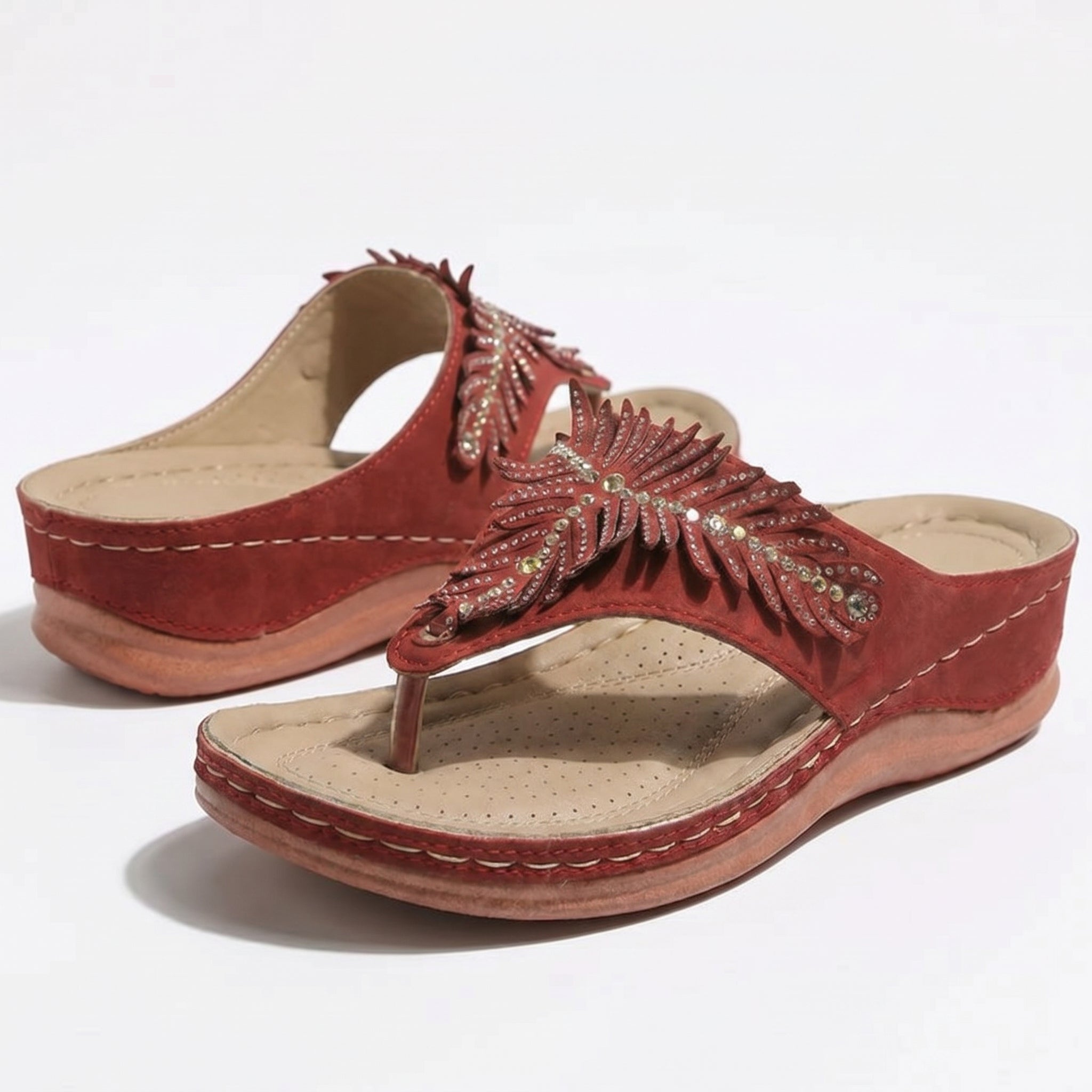 Chloe - Women's Beaded Wedge Sandals - Sandals - Red - Parker&Brooks