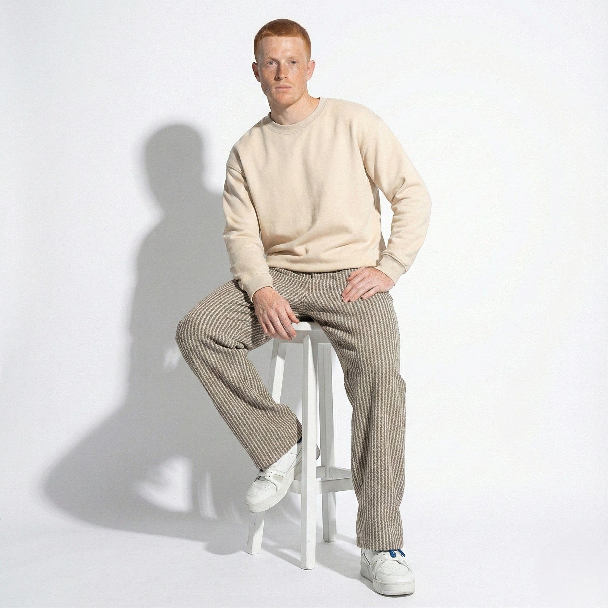 Men's Wide-Leg Trousers with Vertical Stripe Pattern and Drawstring Waist