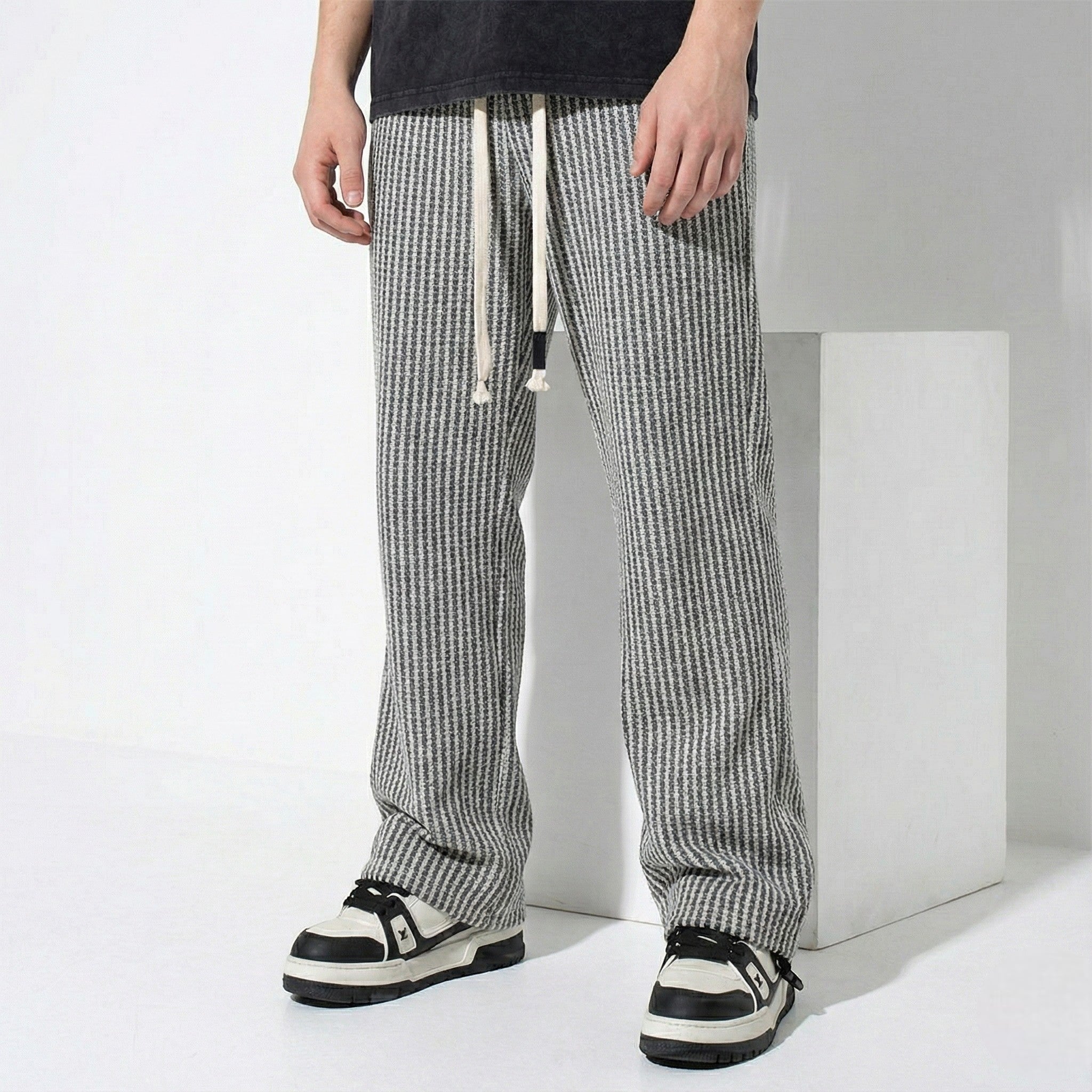Men's Wide-Leg Trousers with Vertical Stripe Pattern and Drawstring Waist