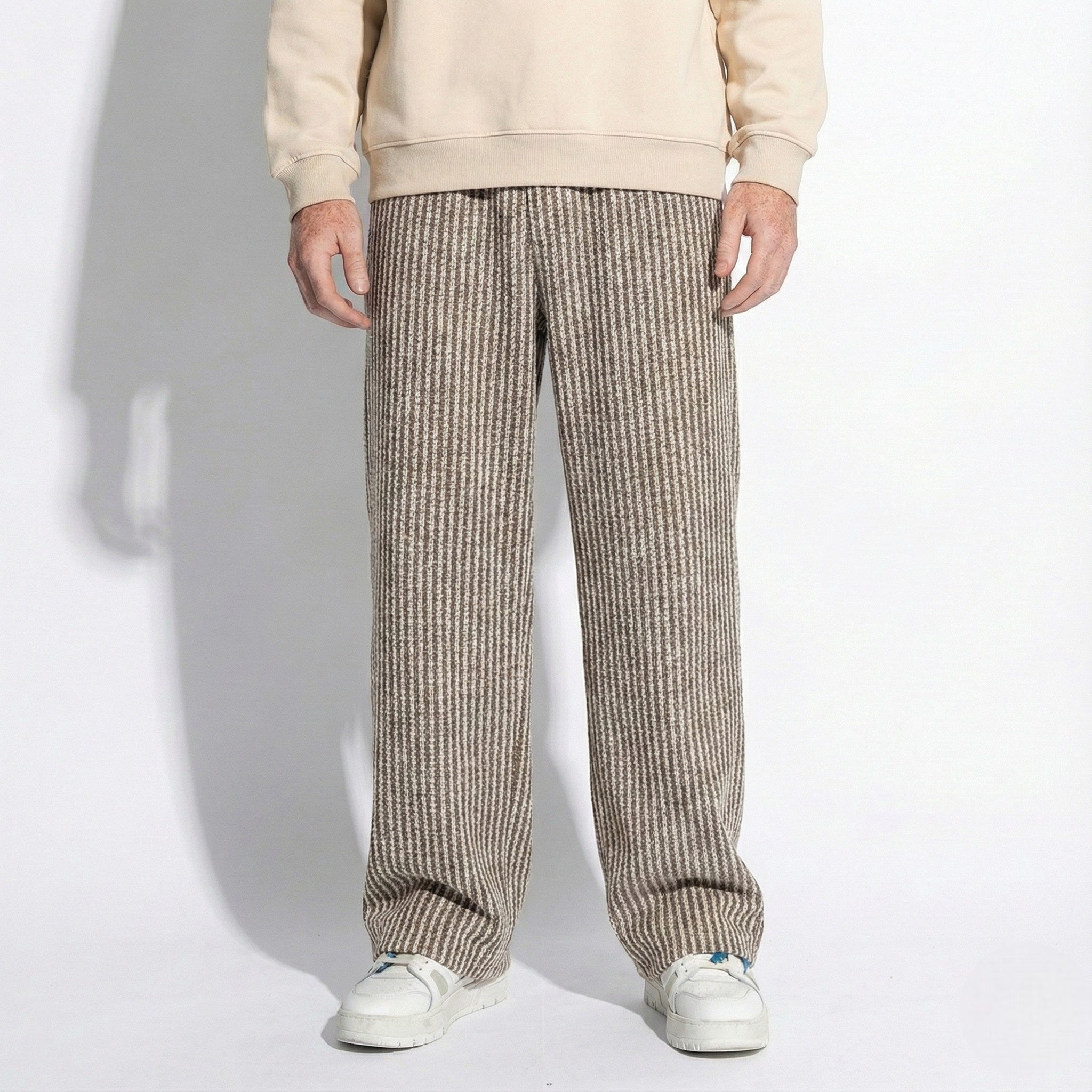 Men's Wide-Leg Trousers with Vertical Stripe Pattern and Drawstring Waist