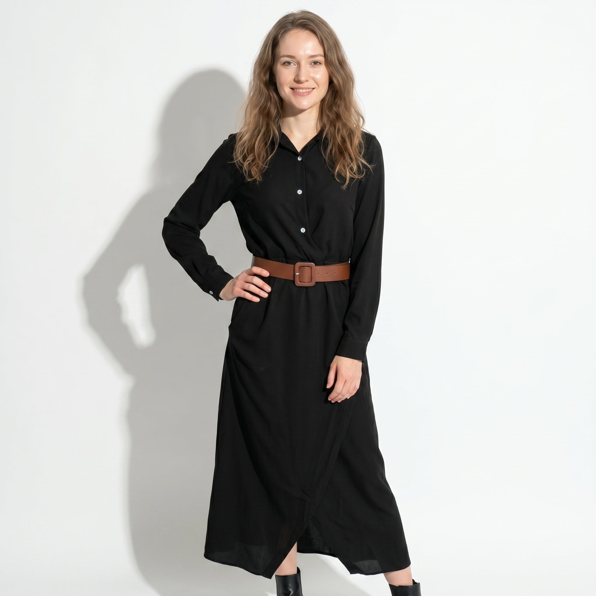 Clara - Women's Casual Belted Wrap Maxi Dress - Maxi Dress - Black - Parker&Brooks