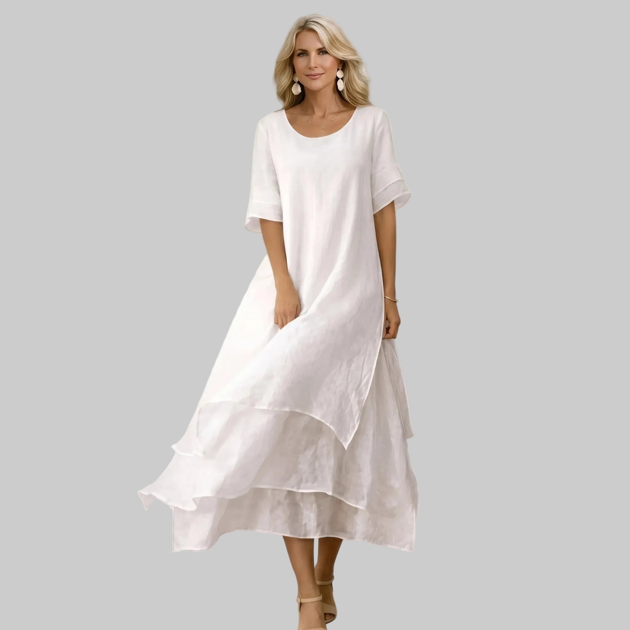 Clara - Women's Casual Layered Scoop Neck Midi Dress - Midi Dress - White - Parker&Brooks