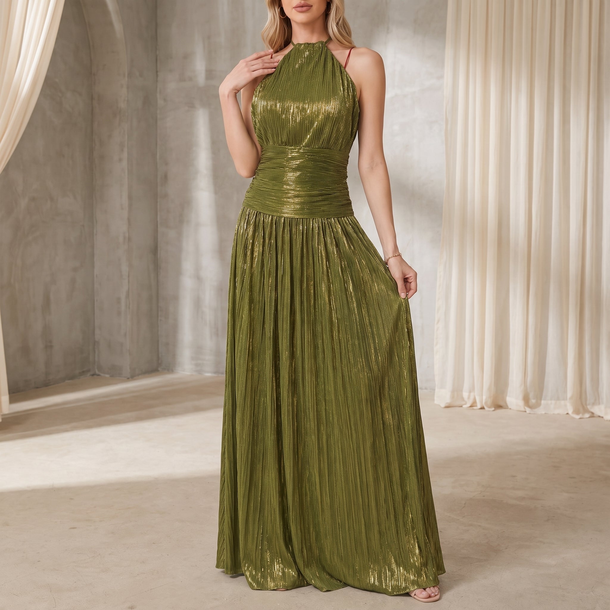 Clara - Women's Evening Metallic Pleated Halter Neck Maxi Dress - Dresses - Green - Parker&Brooks