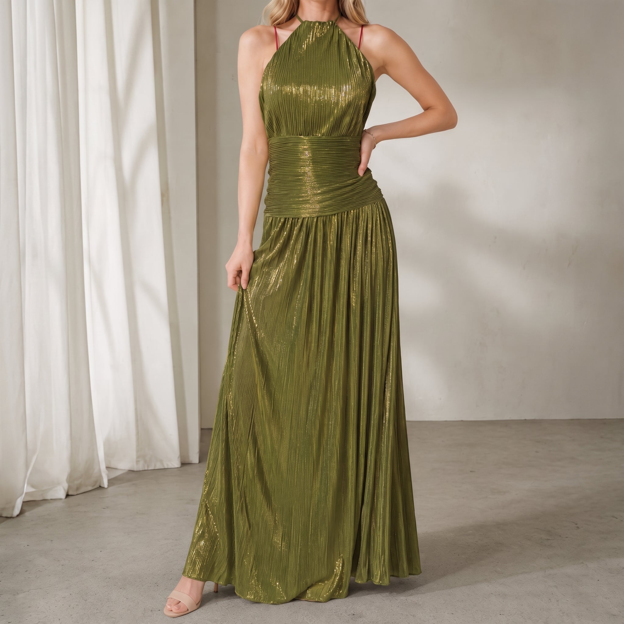 Clara - Women's Evening Metallic Pleated Halter Neck Maxi Dress - Dresses - Green - Parker&Brooks