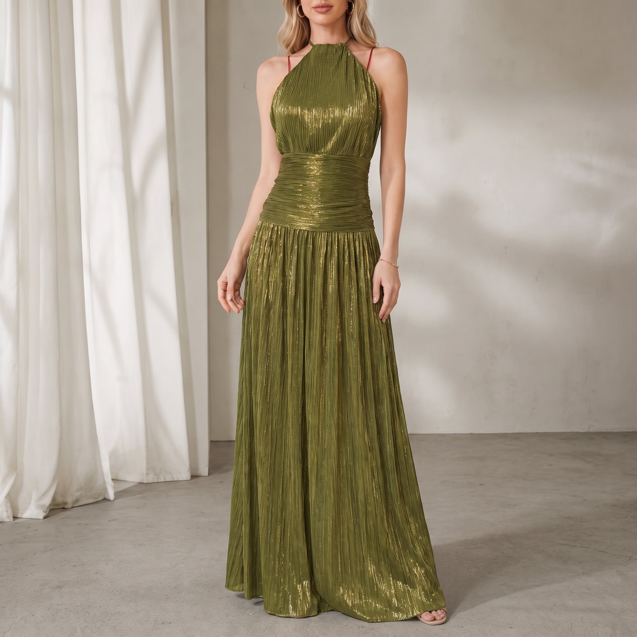 Clara - Women's Evening Metallic Pleated Halter Neck Maxi Dress - Dresses - Green - Parker&Brooks