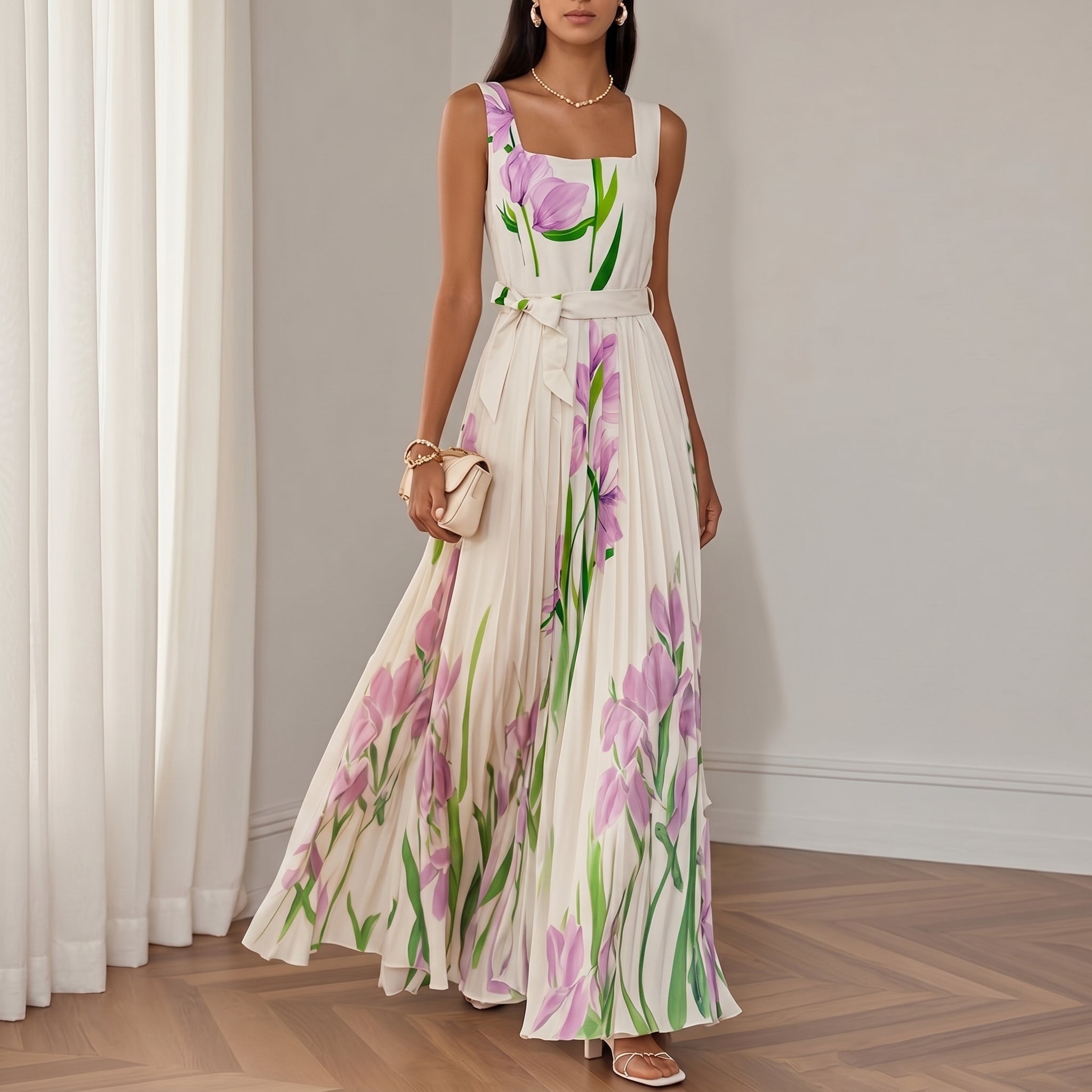 Clara - Women's Party Floral Pleated Maxi Dress - Maxi Dress - Purple - Parker&Brooks