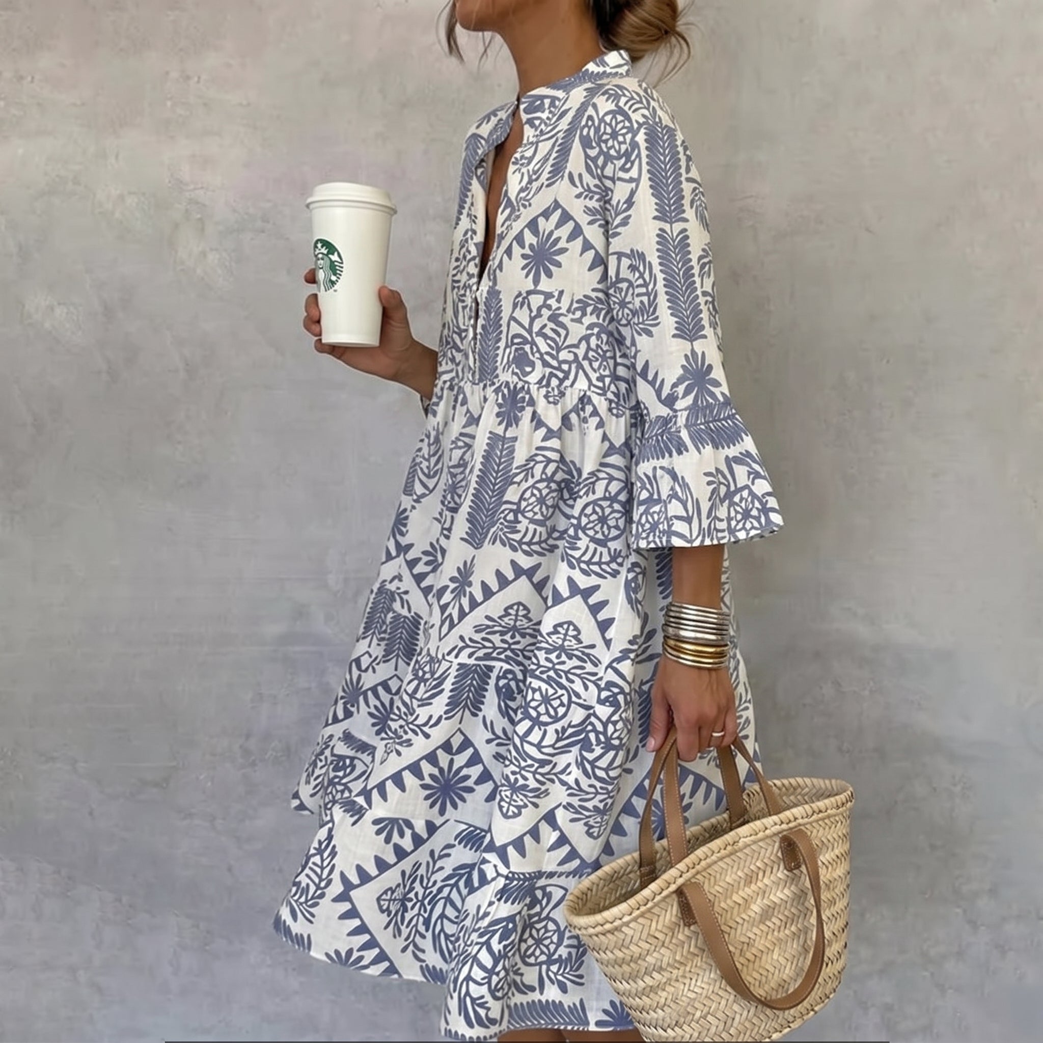 Clara - Women's Summer Button-Down Long Sleeve Midi Dress - Midi Dress - Blue - Parker&Brooks