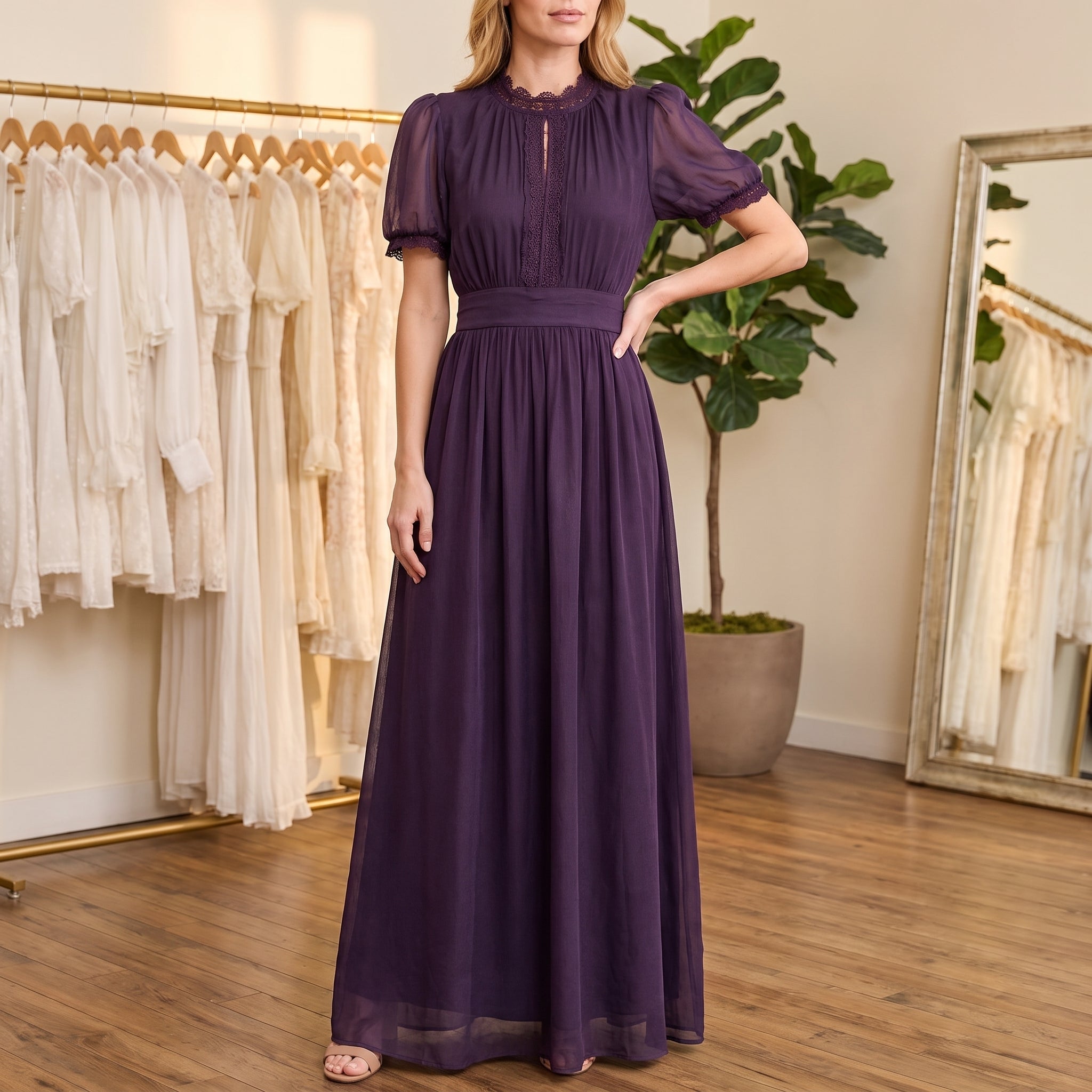 Clara – Women's Summer Lace Trim Puff Sleeve Maxi Dress - Dresses - Violet - Parker&Brooks