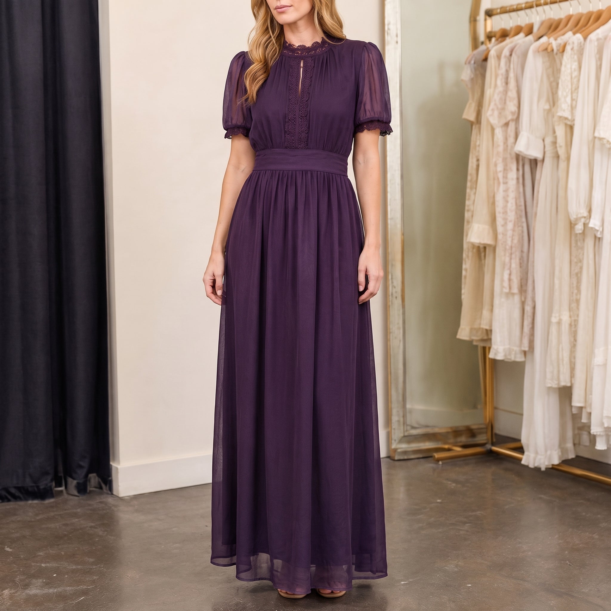 Clara – Women's Summer Lace Trim Puff Sleeve Maxi Dress - Dresses - Violet - Parker&Brooks