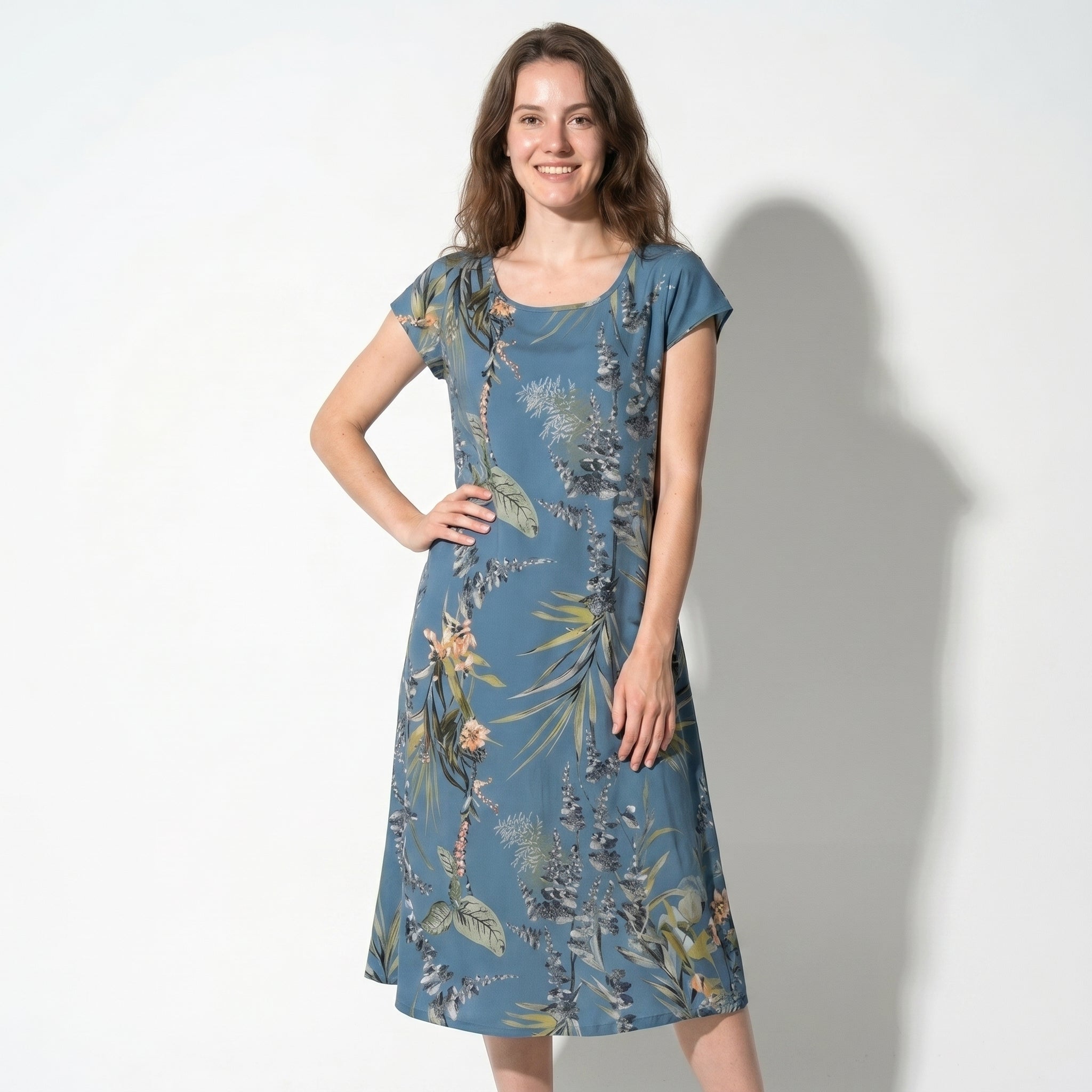Clara - Women's Summer Print Cap Sleeve Midi Dress - Midi Dresses - Navy Blue - Parker&Brooks