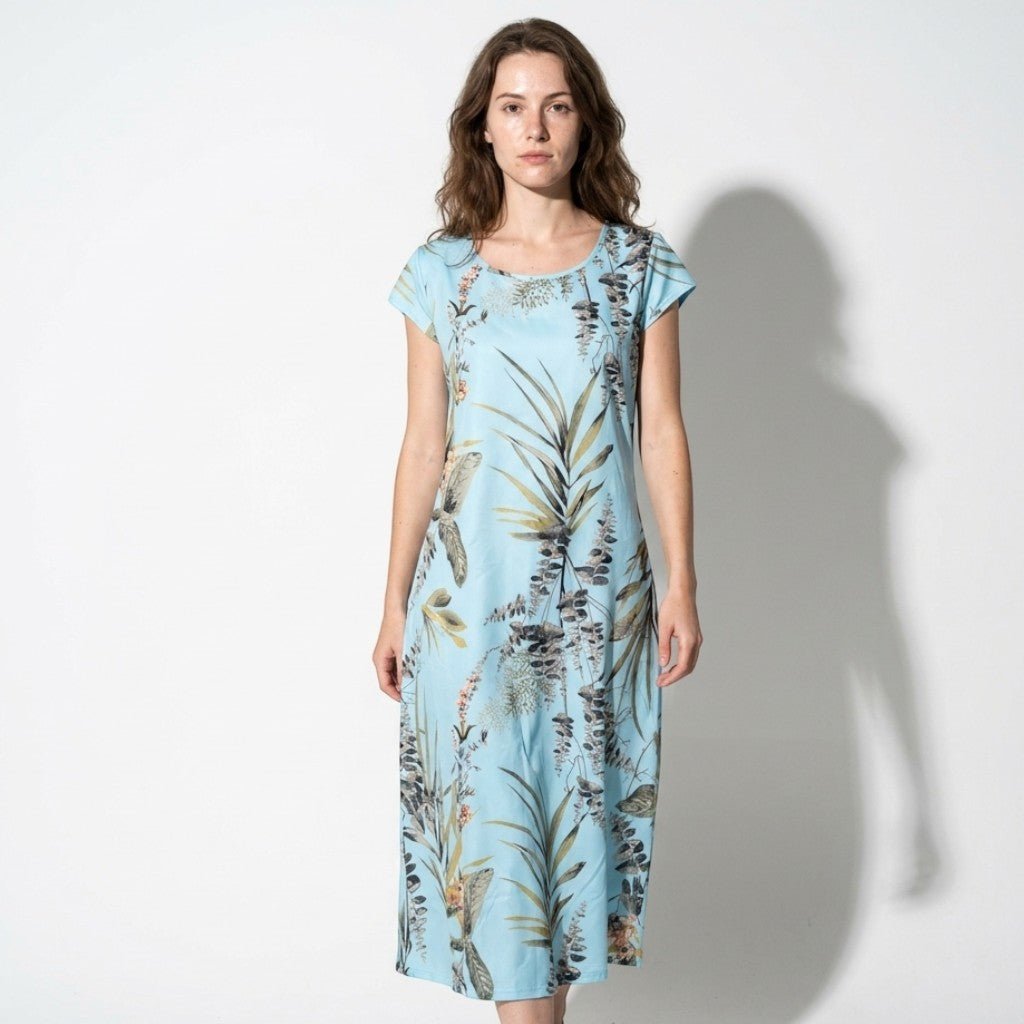 Clara - Women's Summer Print Cap Sleeve Midi Dress - Midi Dresses - Light Blue - Parker&Brooks