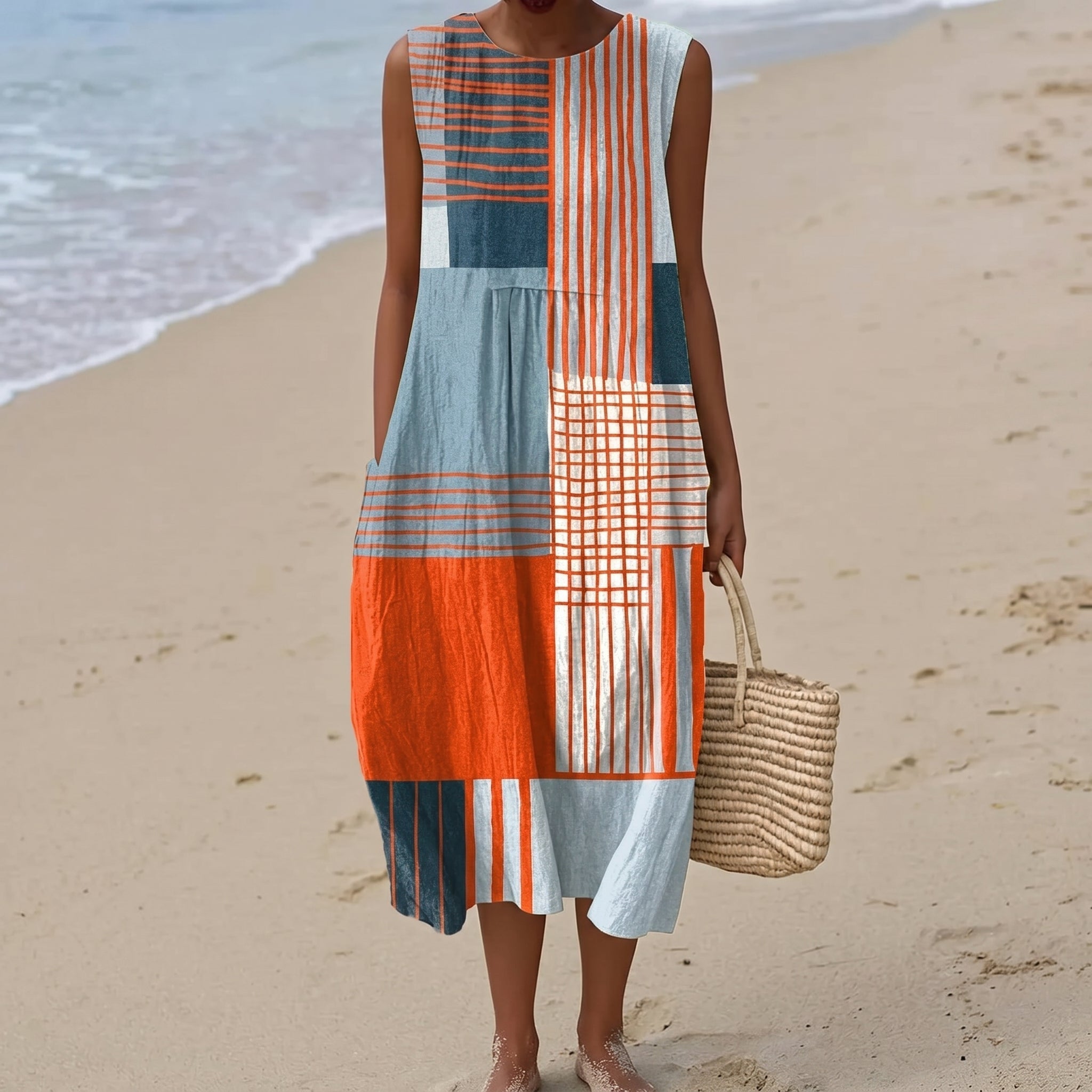 Clara - Women's Summer Sleeveless Colour Block Midi Dress - Midi Dress - Orange - Parker&Brooks