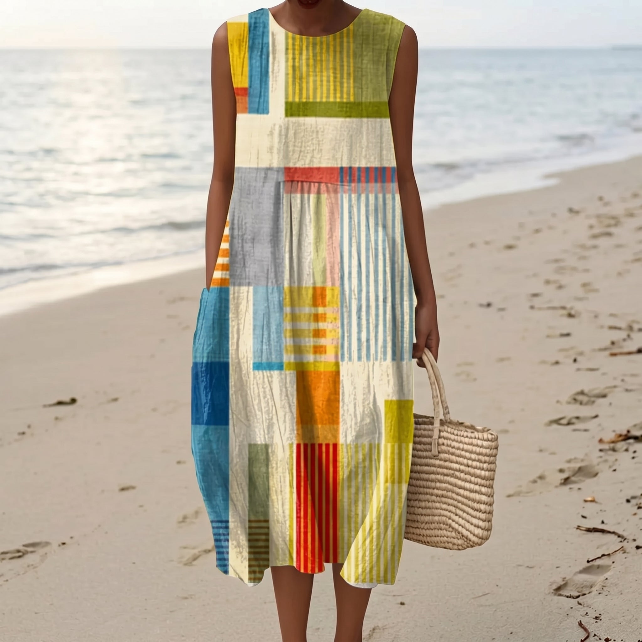 Clara - Women's Summer Sleeveless Colour Block Midi Dress - Midi Dress - Yellow - Parker&Brooks