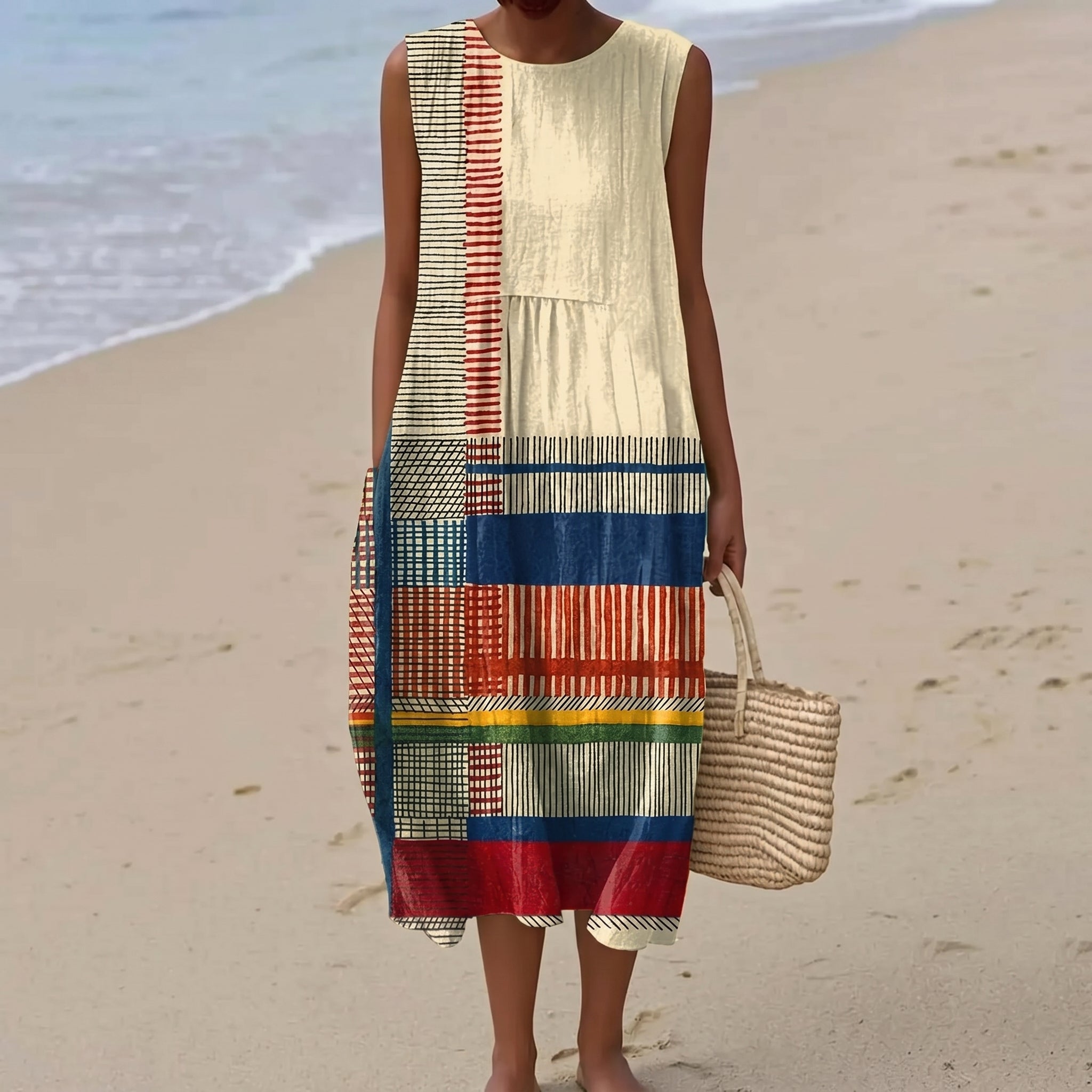 Clara - Women's Summer Sleeveless Colour Block Midi Dress - Midi Dress - Beige - Parker&Brooks