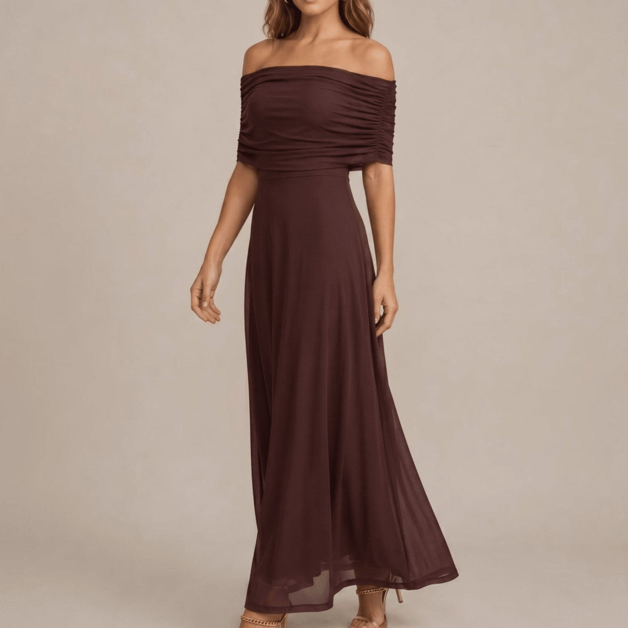 Clara - Women's Wedding Guest Off-Shoulder Ruched Maxi Dress - Dresses - Coffee - Parker&Brooks