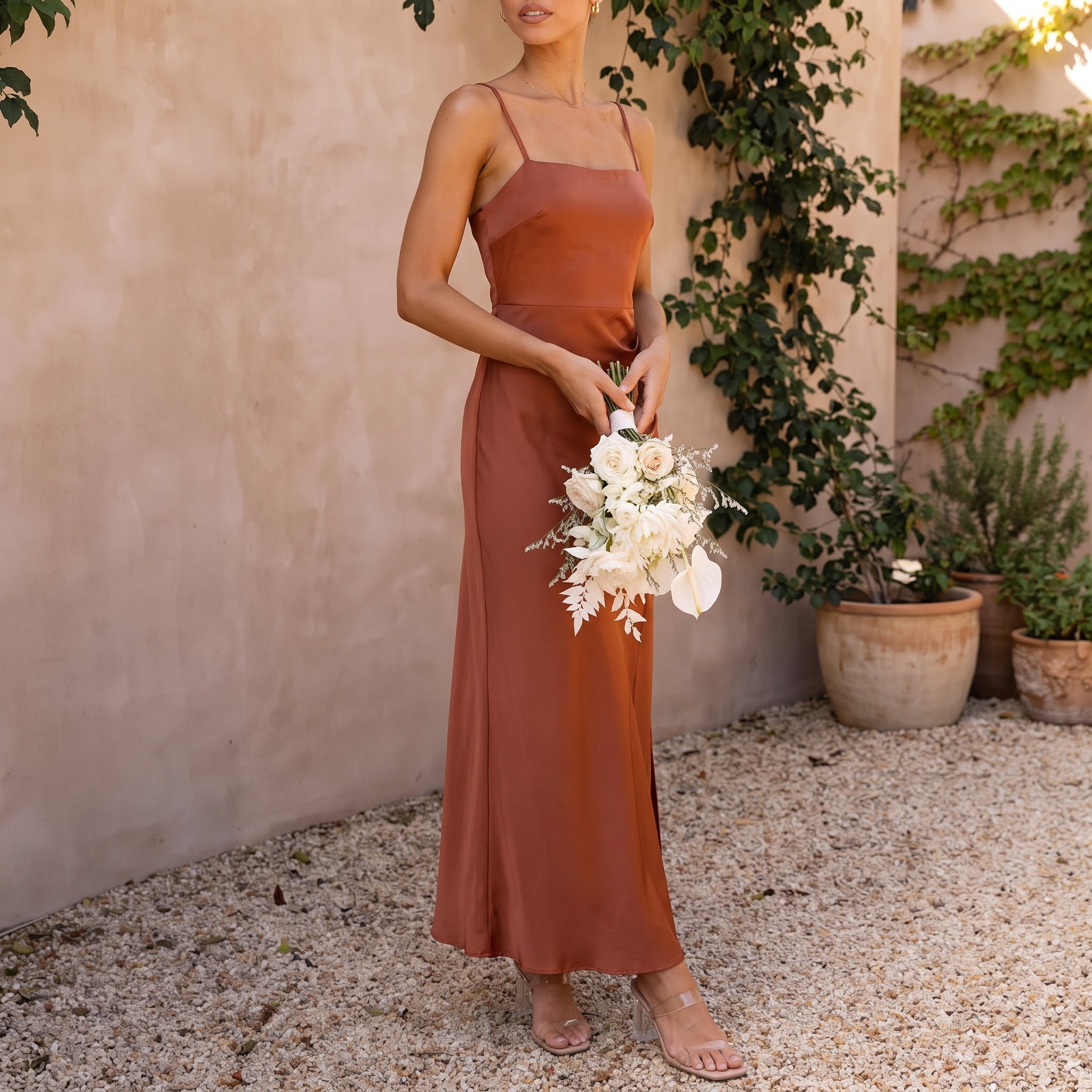 Clara - Women's Wedding Guest Spaghetti Strap Split Maxi Dress - Dresses - Brown - Parker&Brooks