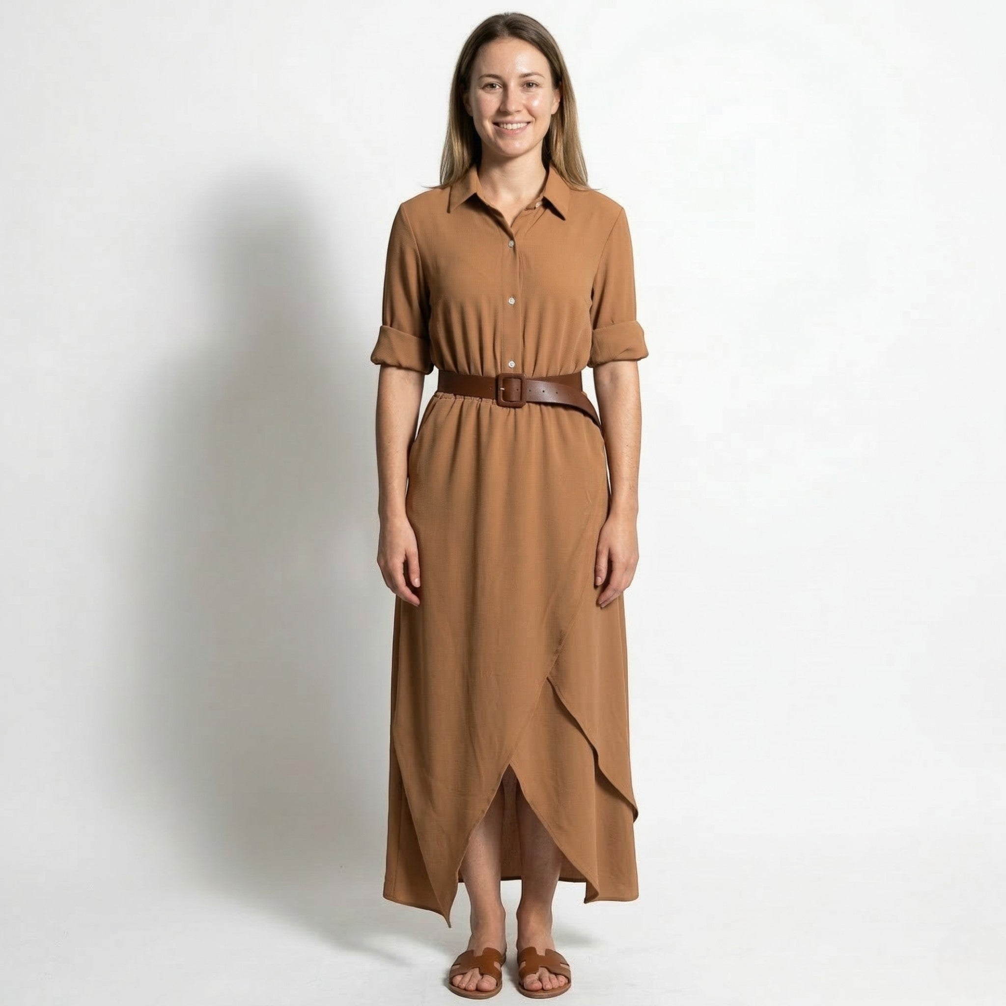 Clara - Women's Casual Belted Wrap Maxi Dress - Maxi Dress - Khaki - Parker&Brooks