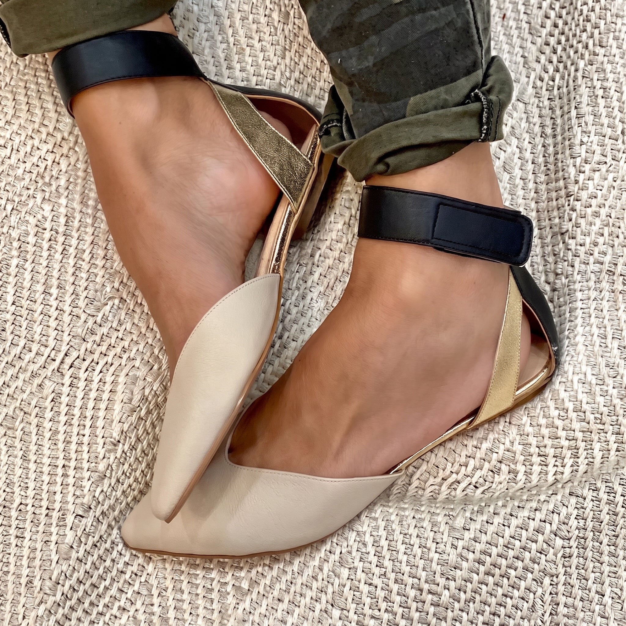 Daisy - Women's Colour Block D'Orsay Flats with Ankle Strap - Flats - Khaki - Parker&Brooks