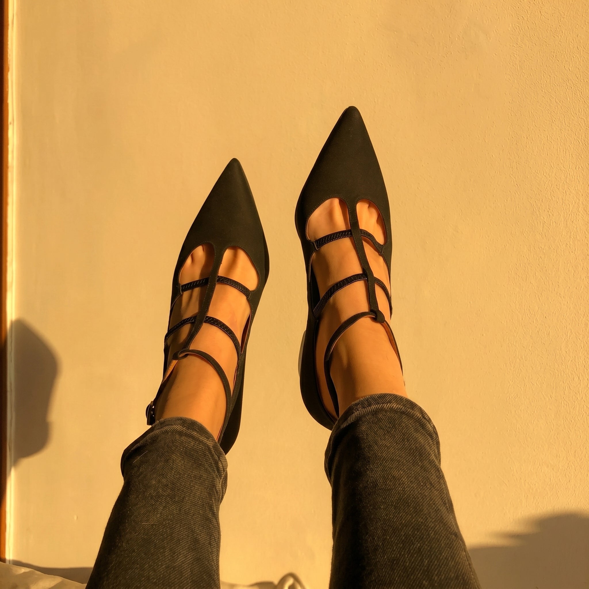 Daisy - Women's Pointed Toe Multi - Strap Kitten Heel Pumps - Heels - Black - Parker&Brooks