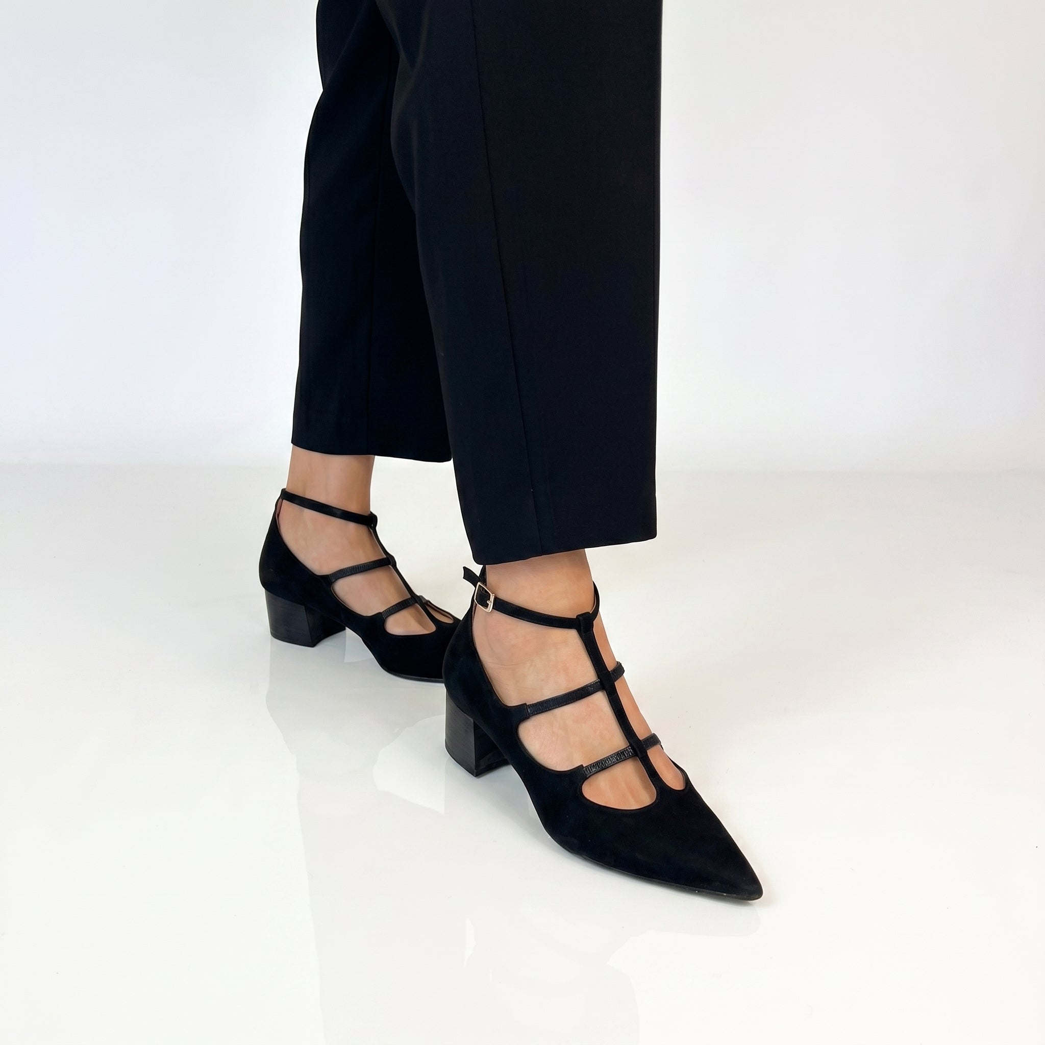 Daisy - Women's Pointed Toe Multi - Strap Kitten Heel Pumps - Heels - Black - Parker&Brooks