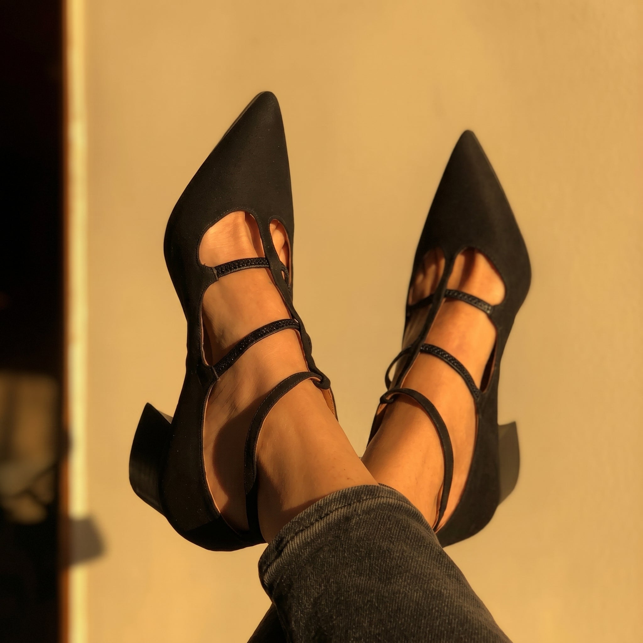 Daisy - Women's Pointed Toe Multi - Strap Kitten Heel Pumps - Heels - Black - Parker&Brooks