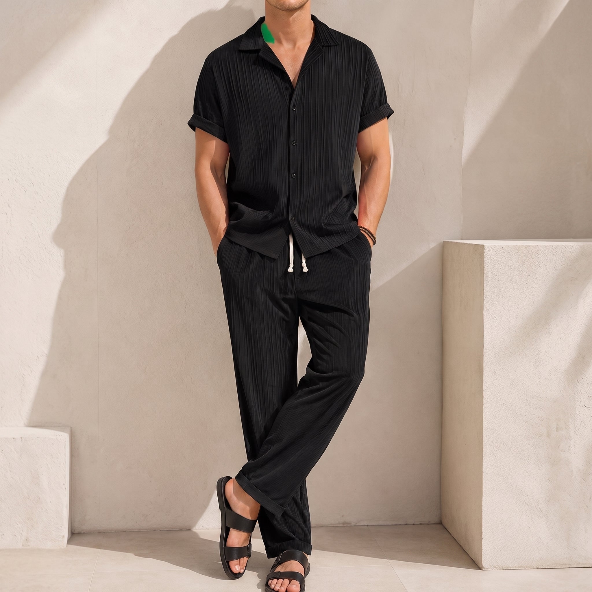 Daniel - Men's Summer Relaxed Vertical Stripe Co-ord Set - Outfit Sets - Black - Parker&Brooks