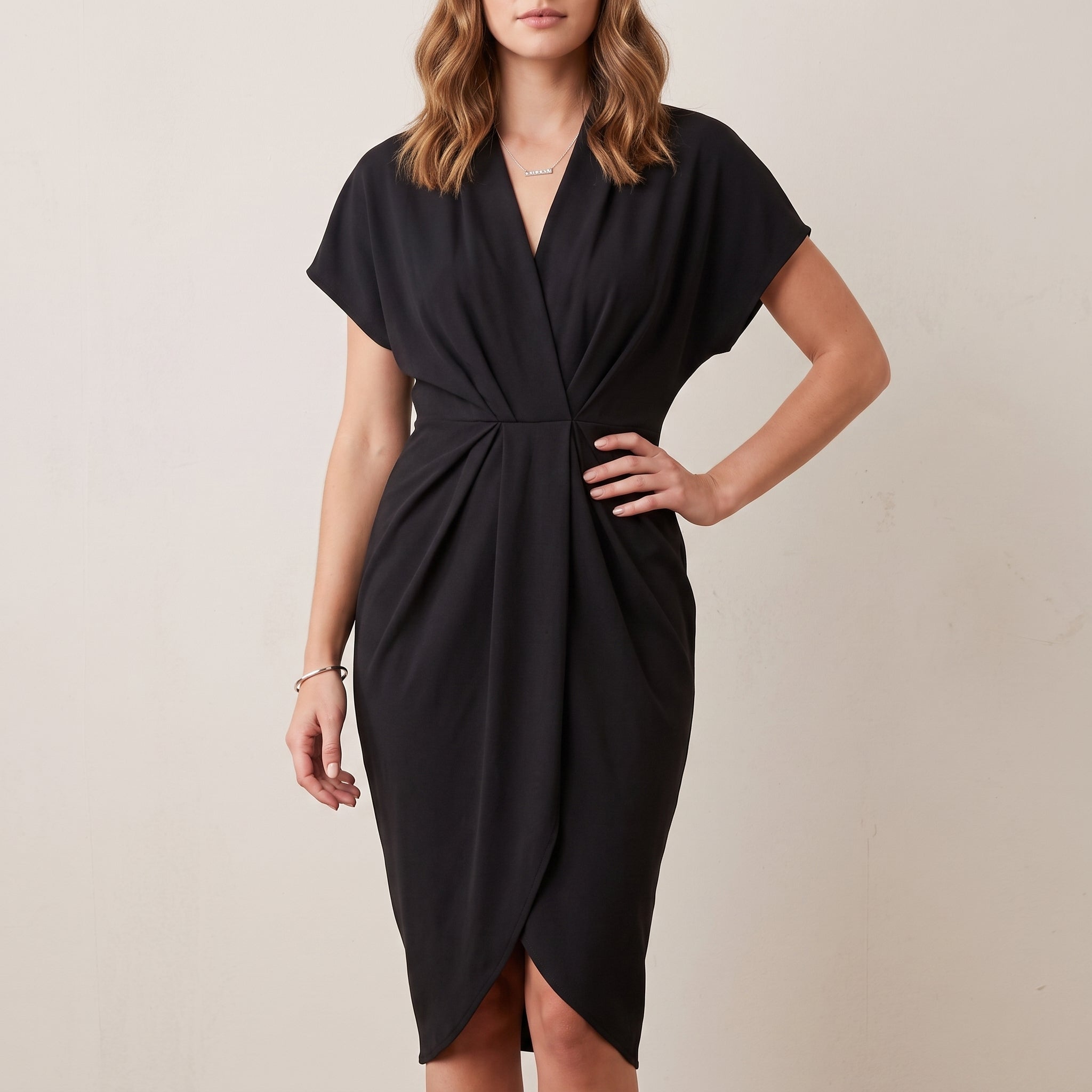 Diana - Women's Evening Slit Draped Midi Dress - Dresses - Black - Parker&Brooks