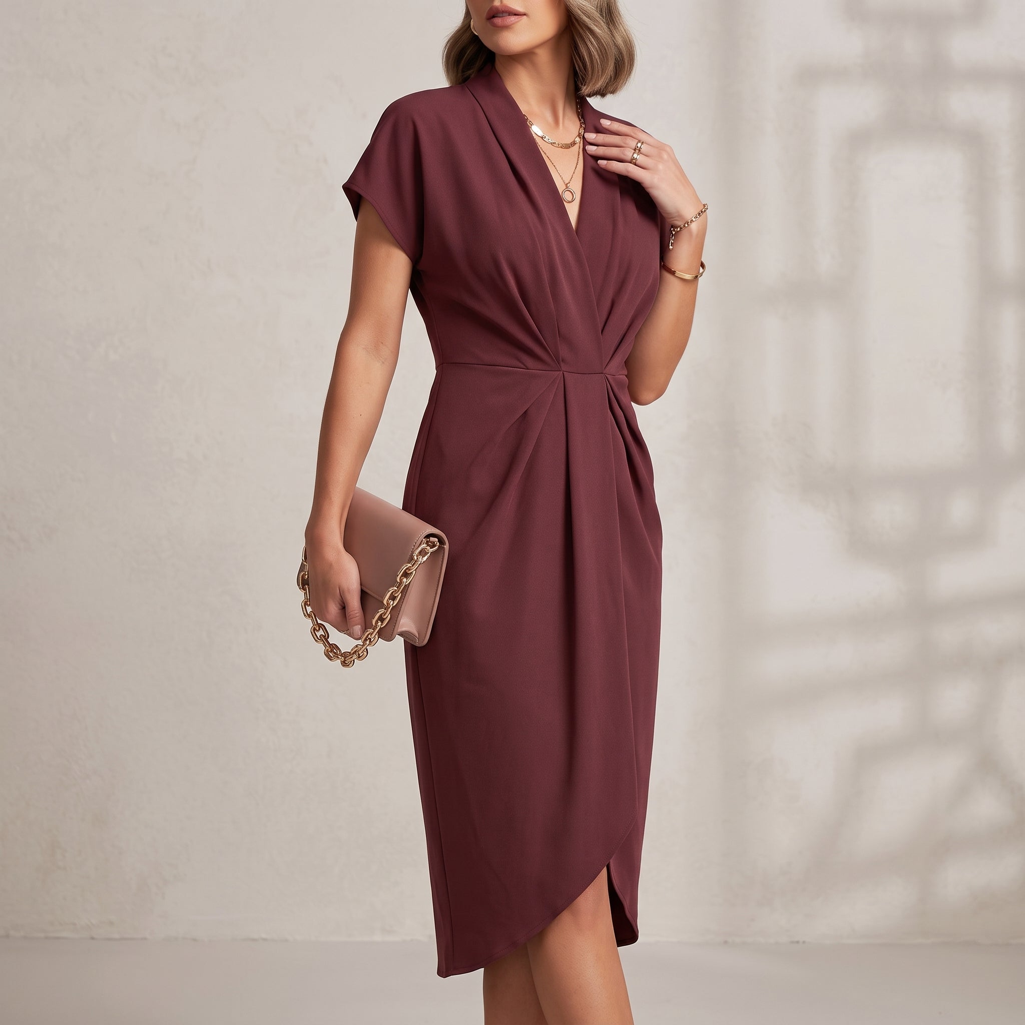 Diana - Women's Evening Slit Draped Midi Dress - Dresses - Burgundy - Parker&Brooks