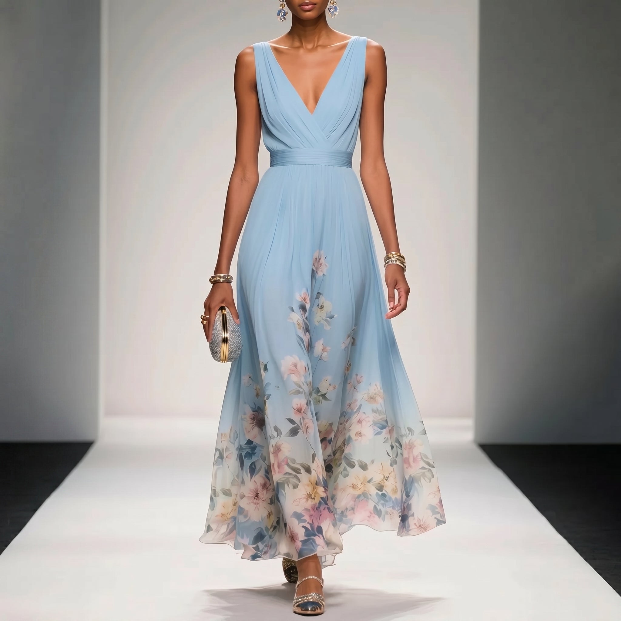 Diana - Women's Wedding Guest Sleeveless Floral Maxi Dress - Maxi Dresses - Sky Blue - Parker&Brooks