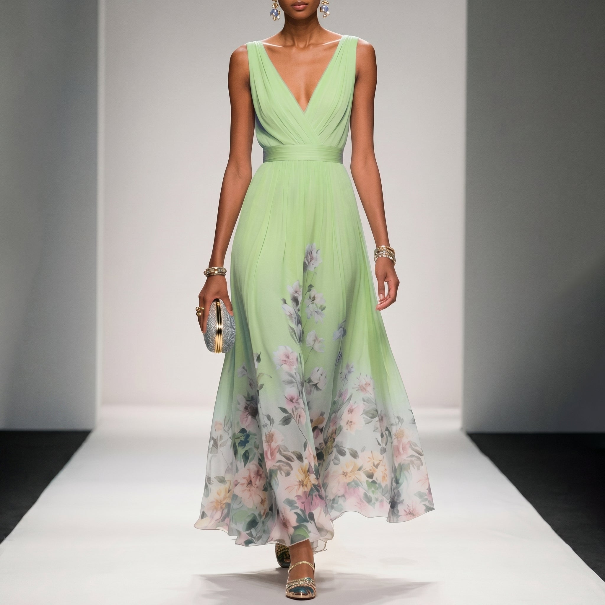 Diana - Women's Wedding Guest Sleeveless Floral Maxi Dress - Maxi Dresses - Light Green - Parker&Brooks