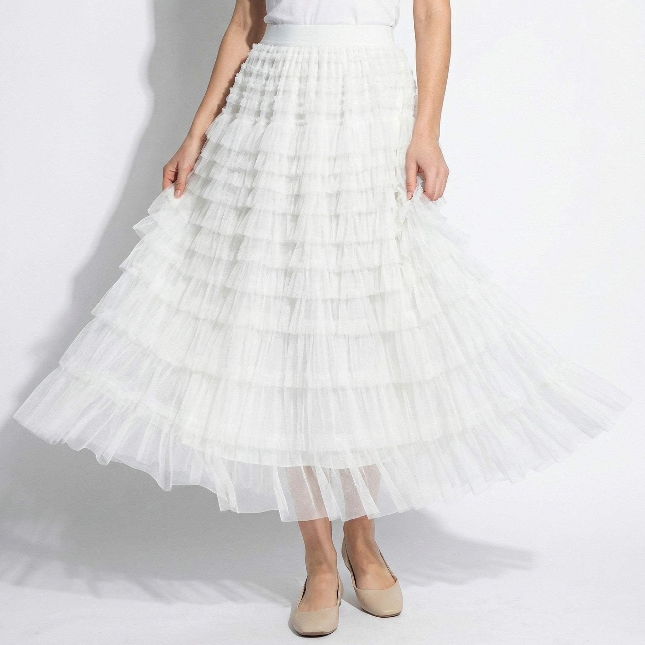 Dianne - Women's Summer Tiered Ruffle Tulle Maxi Skirt - Skirts - White - Parker&Brooks