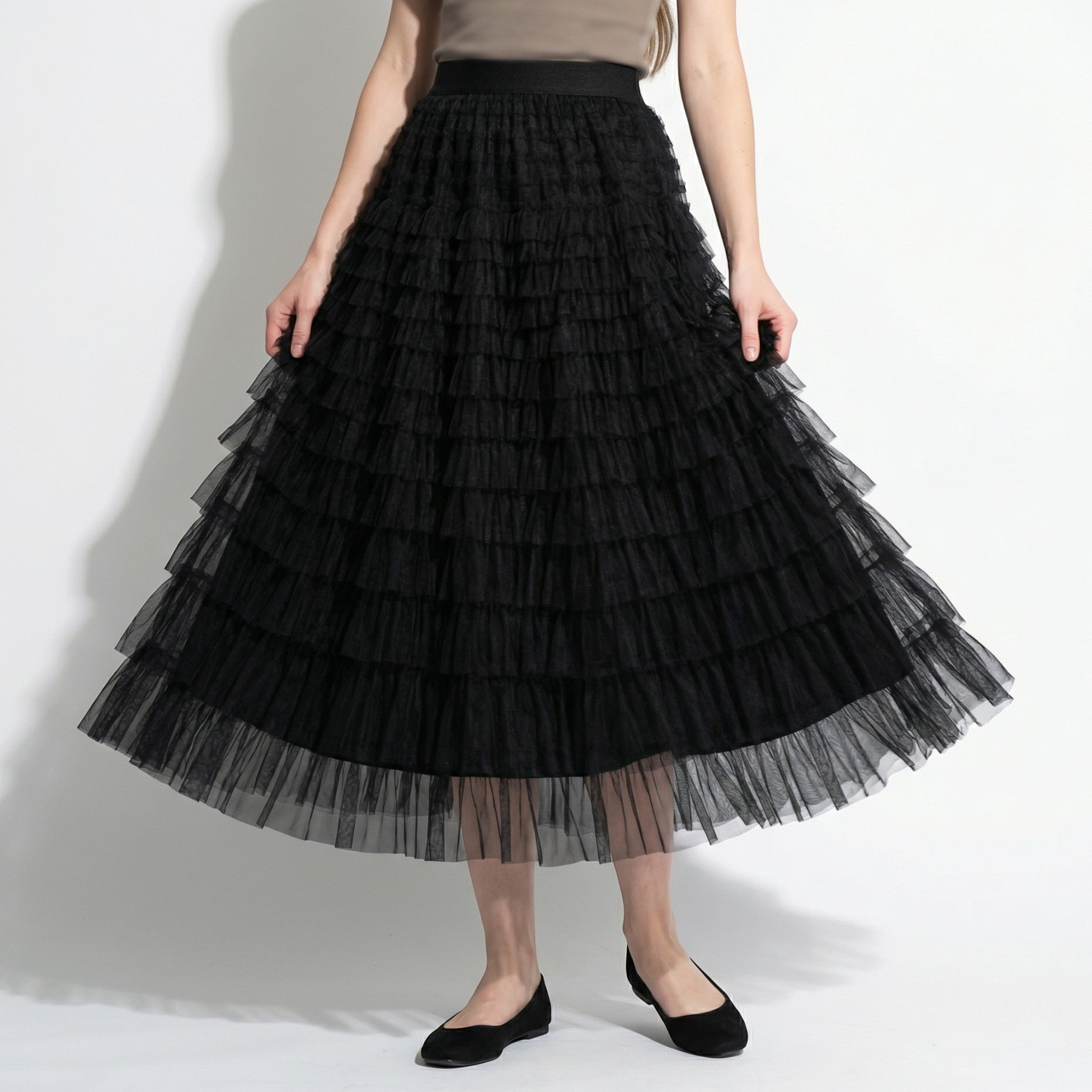 Dianne - Women's Summer Tiered Ruffle Tulle Maxi Skirt - Skirts - Black - Parker&Brooks
