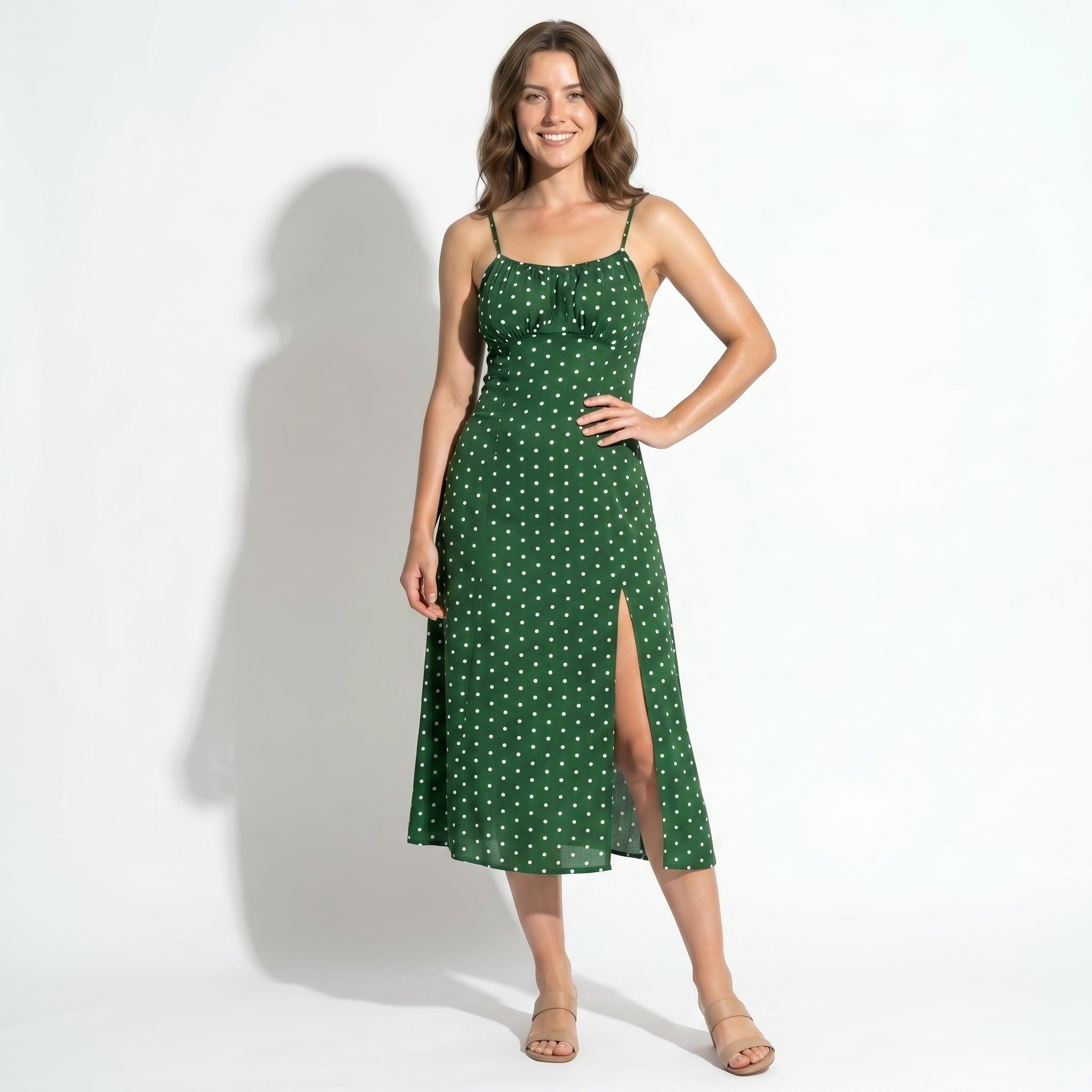 Dotty - Women's Summer Ruched Midi Dress with Side Split - Midi Dress - Green - Parker&Brooks