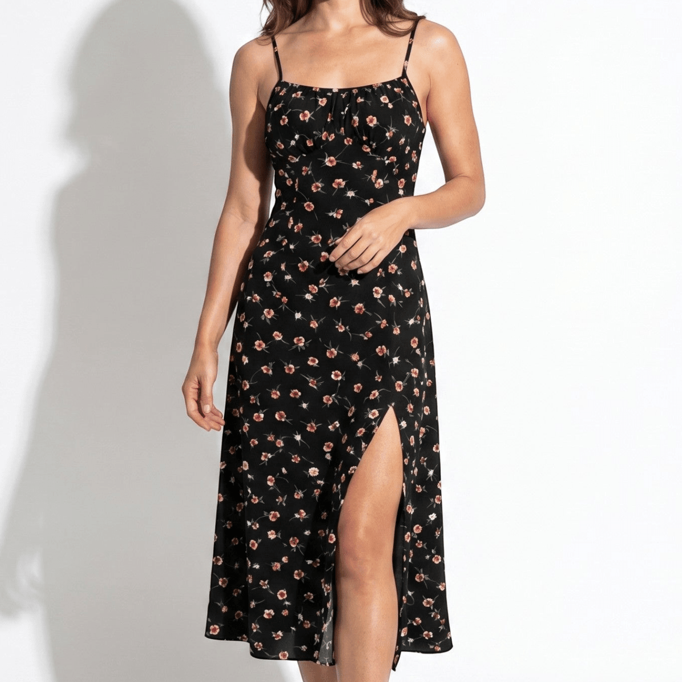 Dotty - Women's Summer Ruched Midi Dress with Side Split - Midi Dress - Black - Parker&Brooks