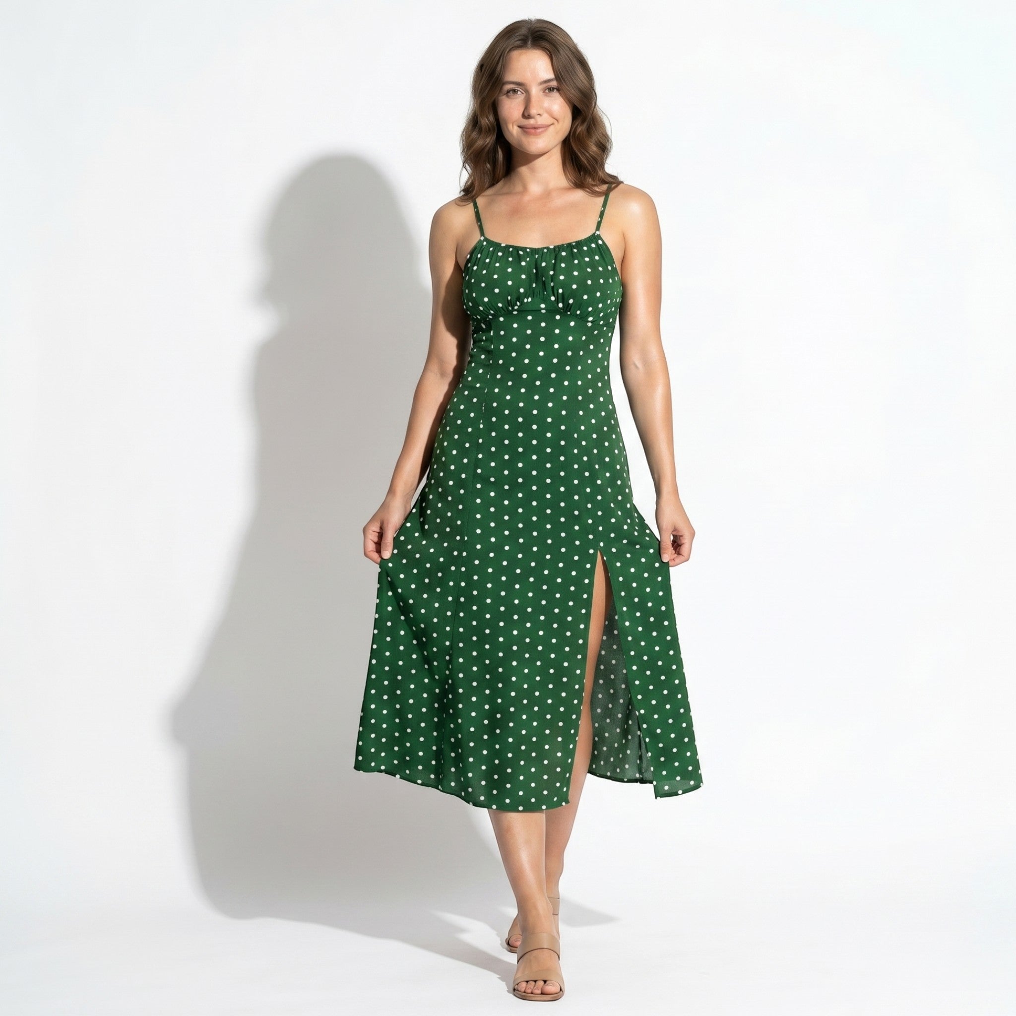 Dotty - Women's Summer Ruched Midi Dress with Side Split - Midi Dress - Green - Parker&Brooks