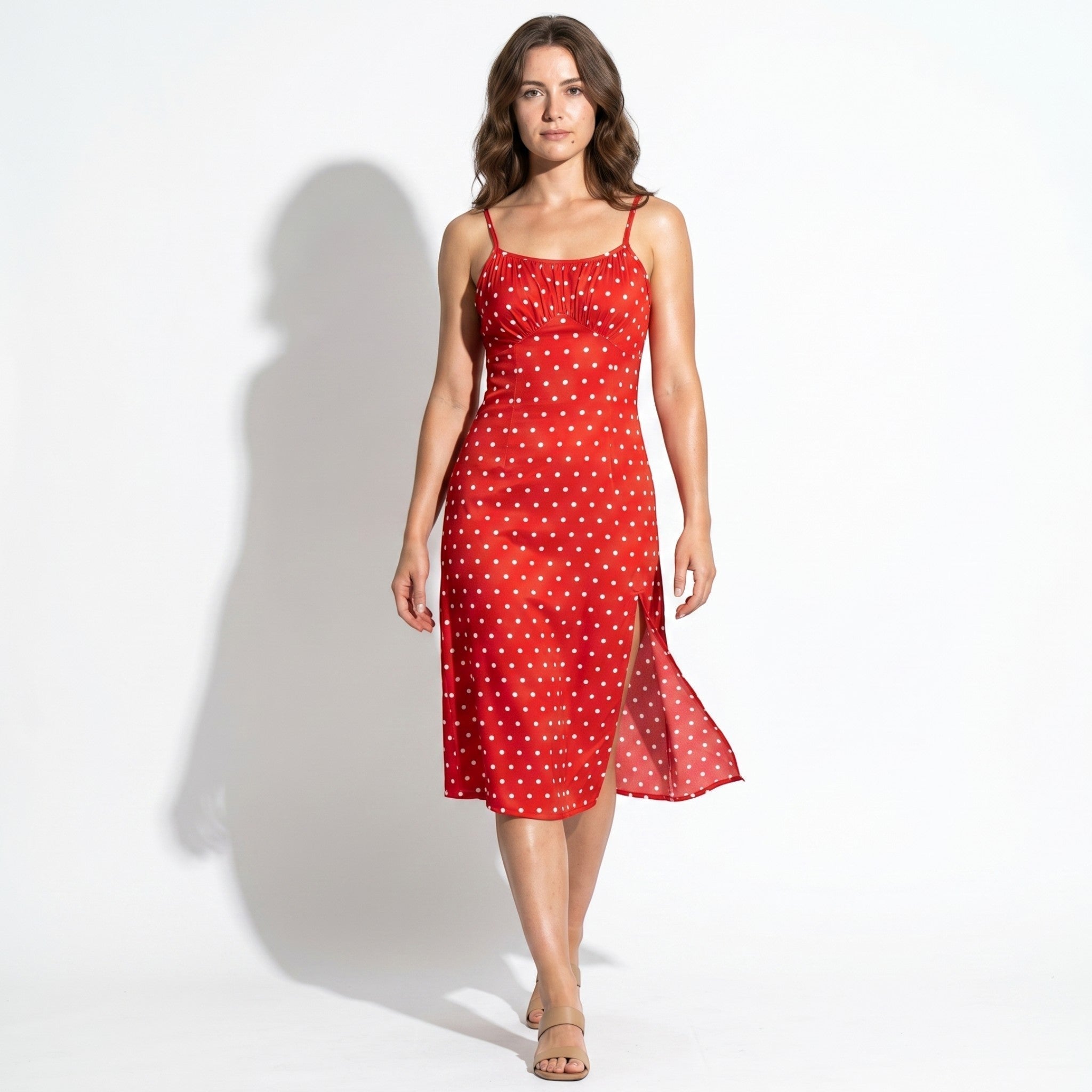 Dotty - Women's Summer Ruched Midi Dress with Side Split - Midi Dress - Red - Parker&Brooks