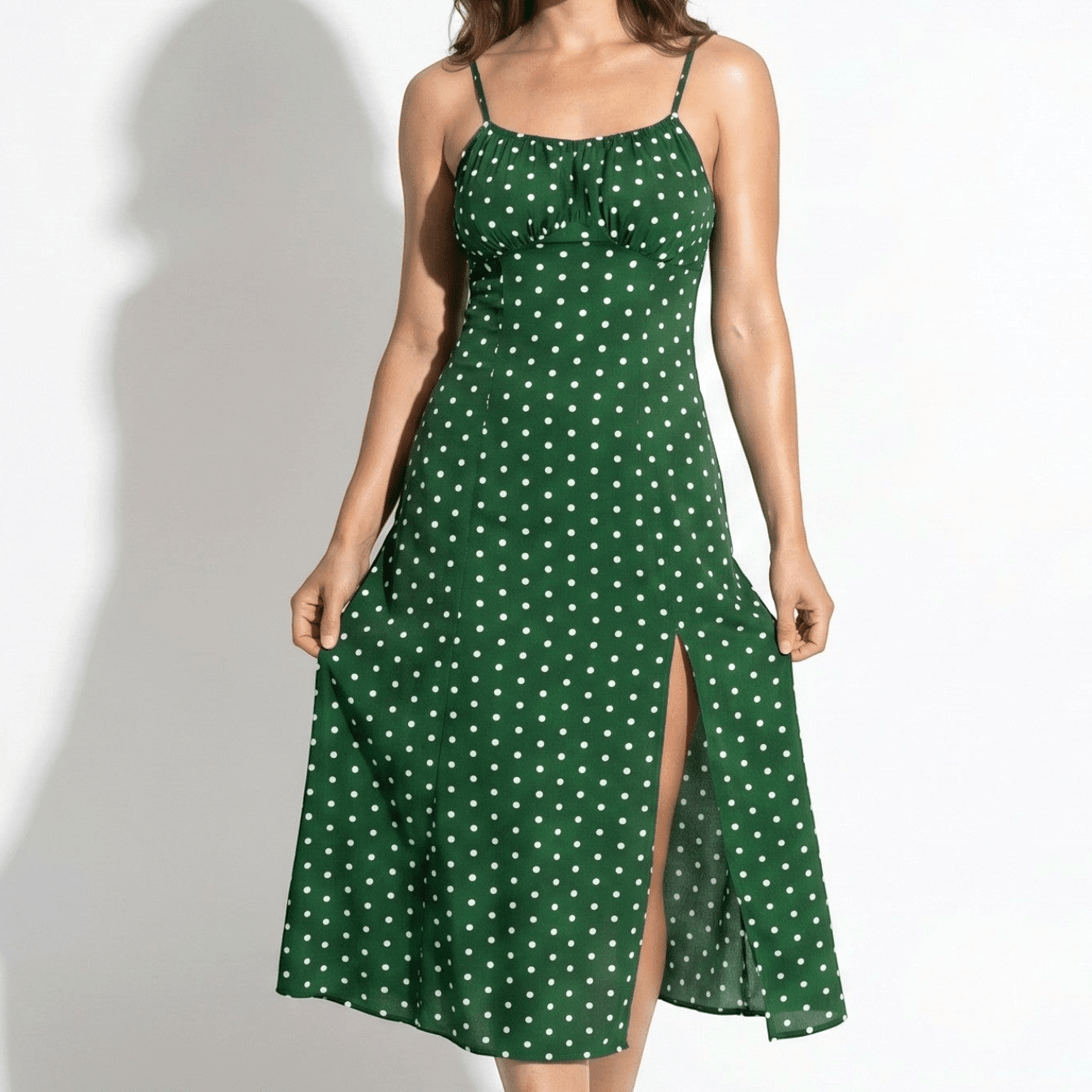 Dotty - Women's Summer Ruched Midi Dress with Side Split - Midi Dress - Green - Parker&Brooks