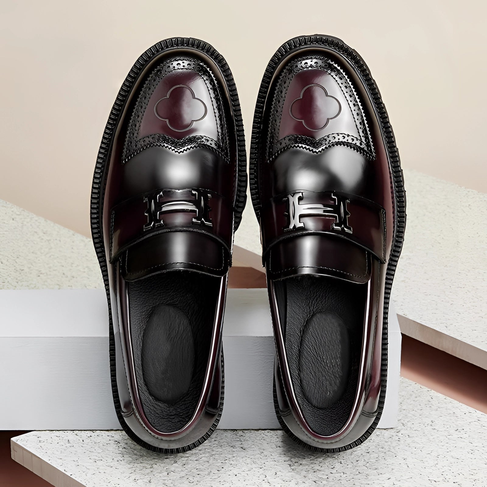 Edward - Men's Chunky Sole Loafers with Buckle Detail - Loafers - Wine Red - Parker&Brooks
