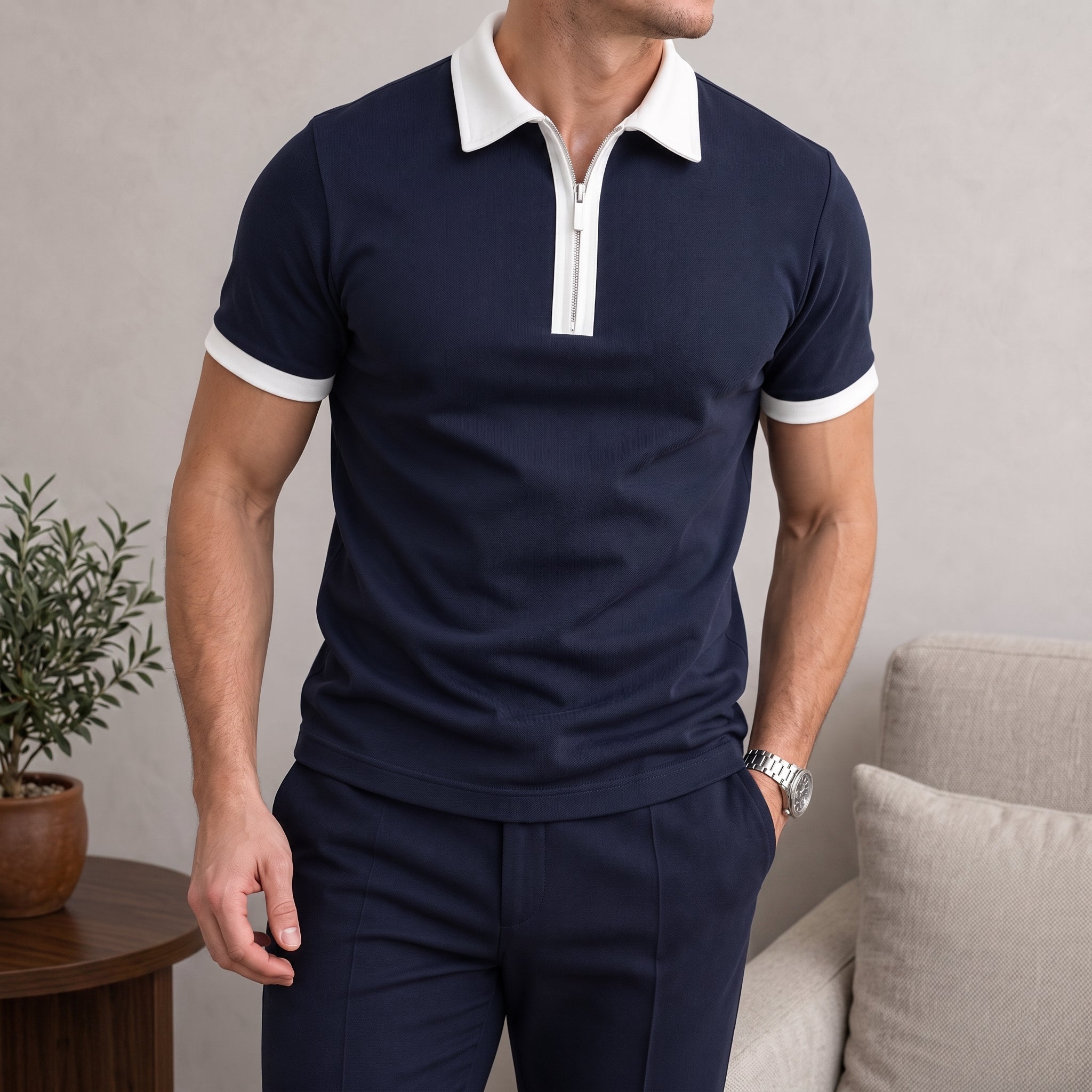 Edward - Men's Summer Contrast Collar Trim Zip Polo Shirt - Polos - Navy Blue - Parker&Brooks