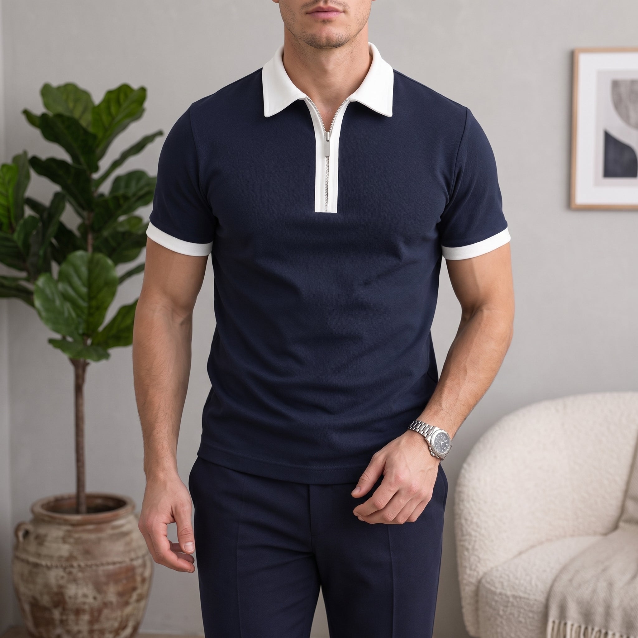 Edward - Men's Summer Contrast Collar Trim Zip Polo Shirt - Polos - Navy Blue - Parker&Brooks