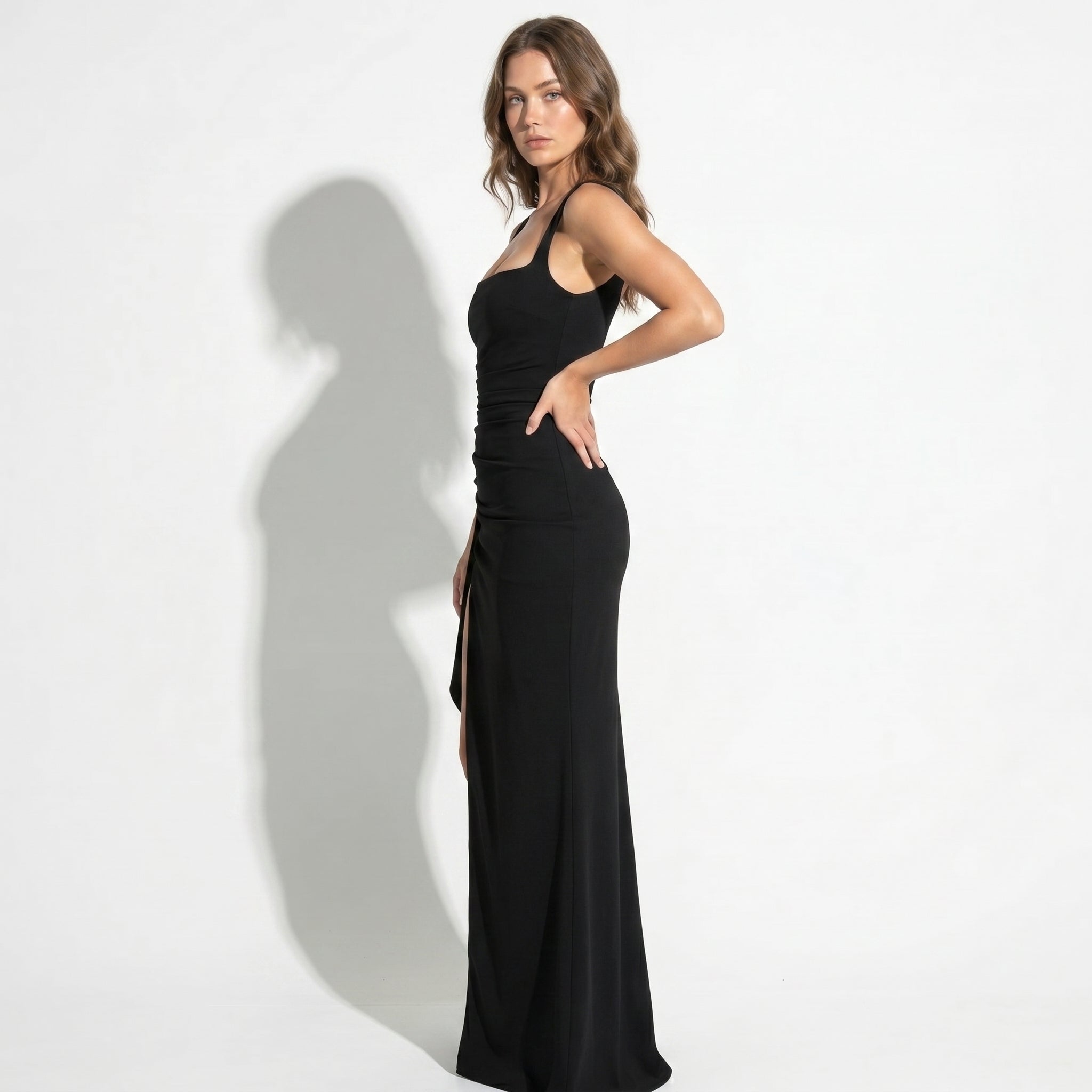 Elena - Women's Elegant Evening Maxi Dress with High Slit - Maxi Dress - Black - Parker&Brooks